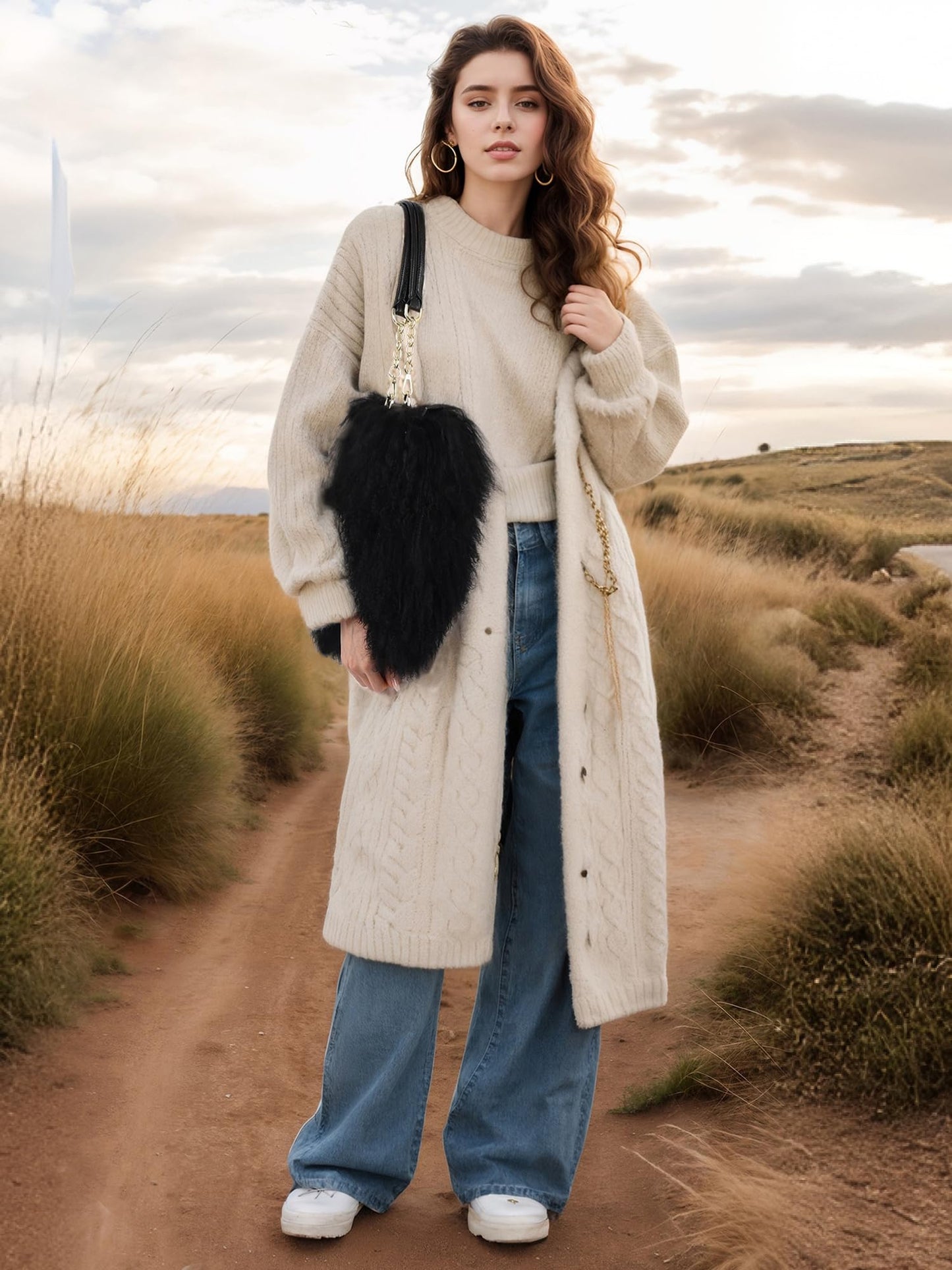 FINILUO Big Fur Tote Bag Curly Lamb Hair Furry Purse with Genuine Leather Handles Plush Black Fur Handbag (black)