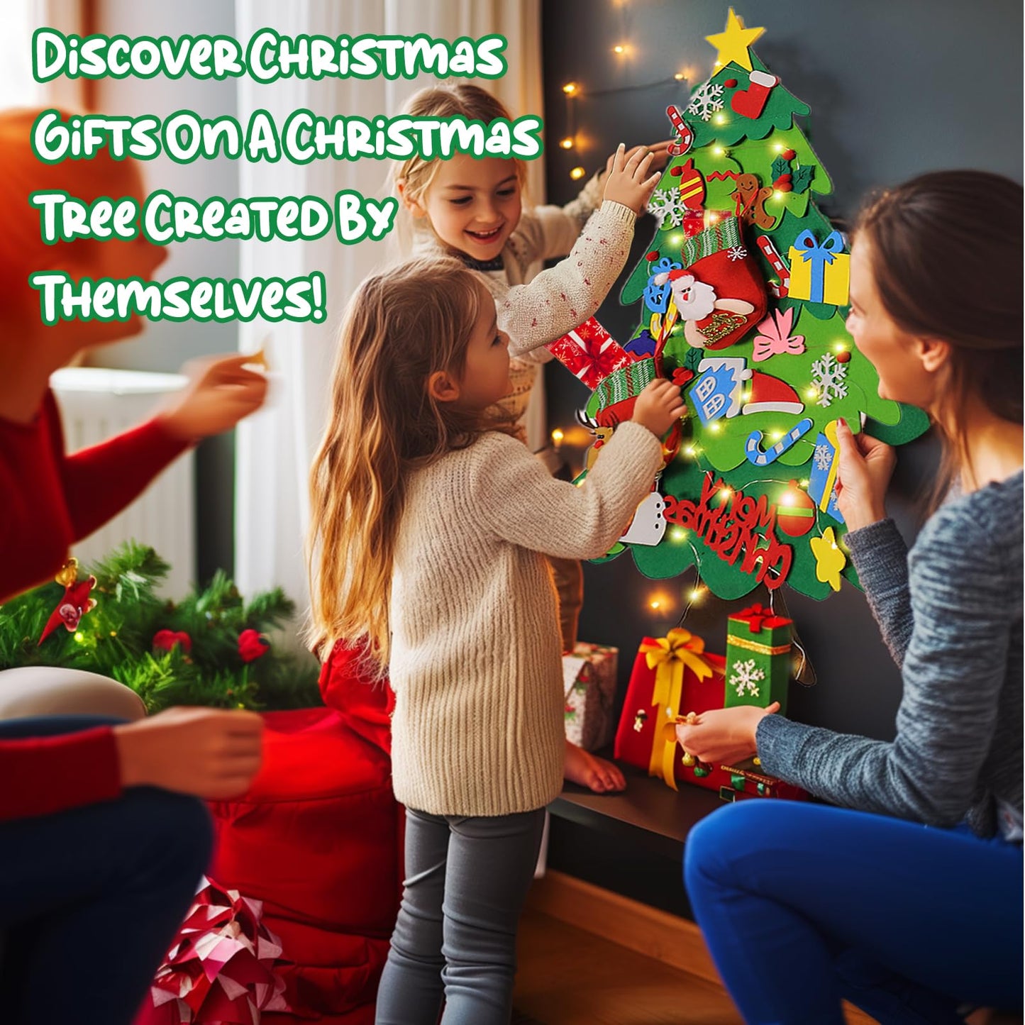 BABORUI Felt Christmas Tree for Kids with Christmas Stockings, Xmas Wall Hanging Ornaments Decorations with String Light for Toddlers, for Kids