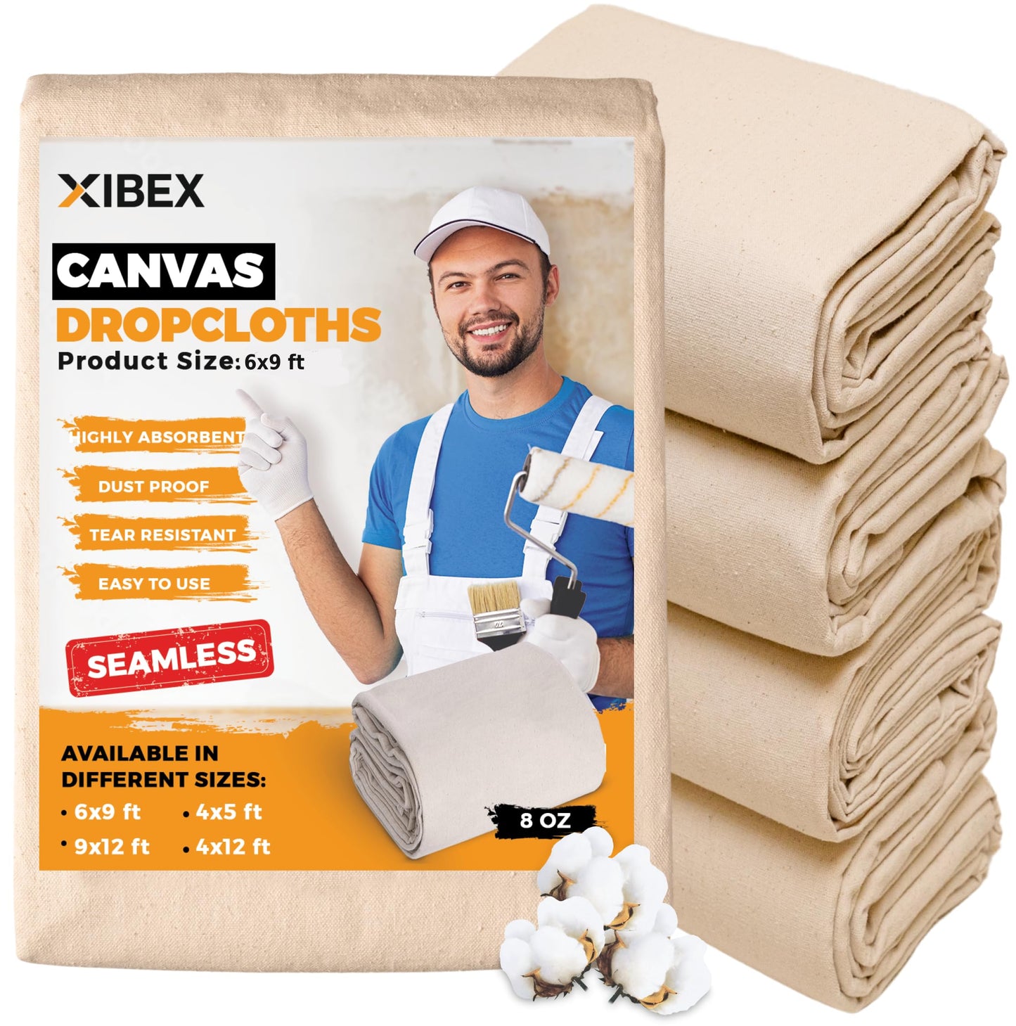 XIBEX Canvas Drop Cloth for Painting (6x9 ft) with Thick Texture, Sturdy Multi-Purpose Painting Drop Cloth Canvas for Curtains, Furniture & Floor Protection, Pack of 4 Drop Cloths for Painting Canva