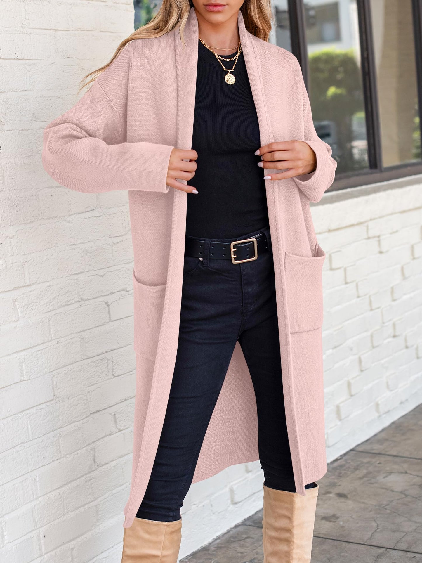 ANRABESS Women's Cardigan Long Sweater Oversized Open Front Knit Duster Coat 2025 Trendy Lady Fall Coatigan Outerwear Light Pink Medium