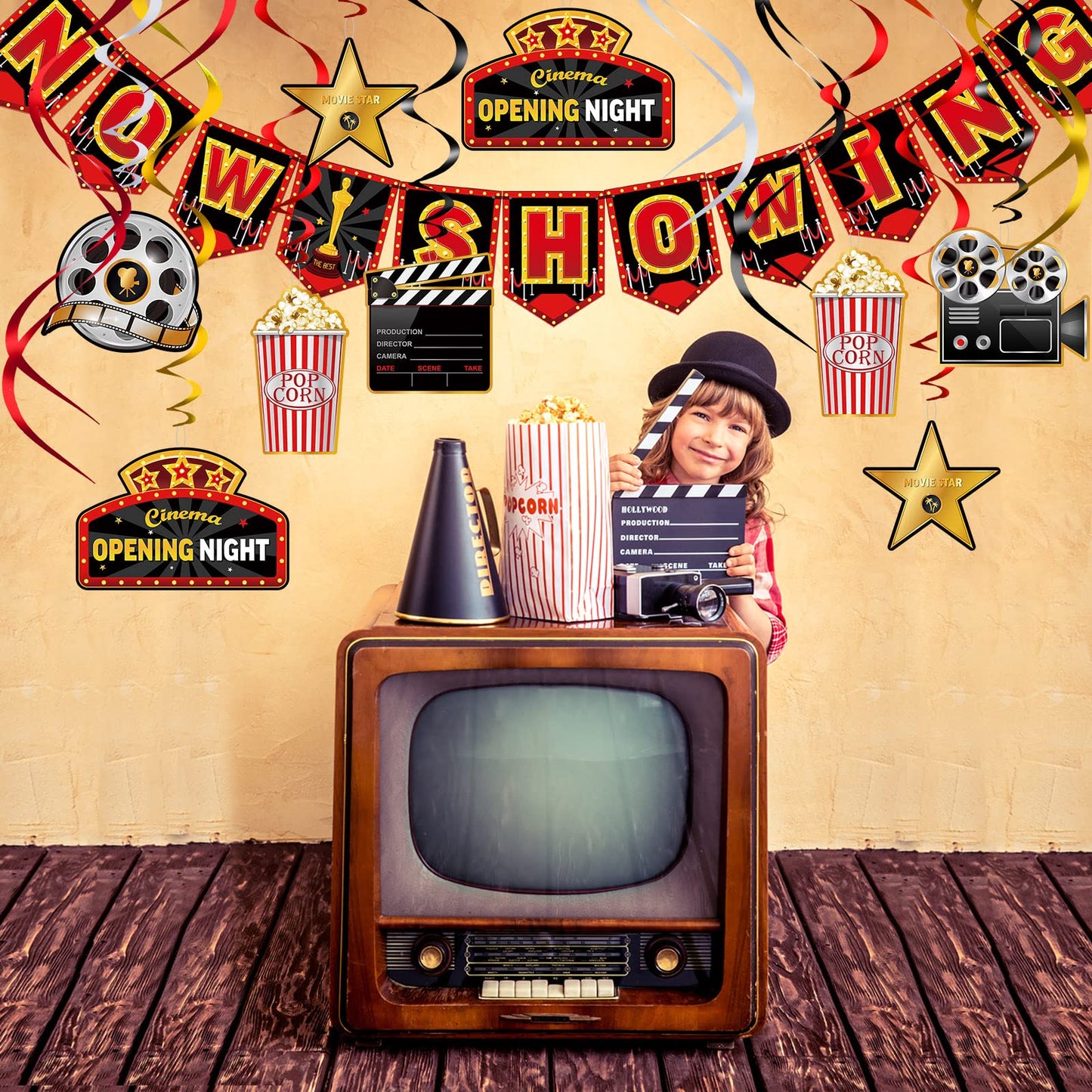 45 Pieces Movie Night Decorations Party Decorations Kit Now Showing Banner Hanging Swirls Movie Theater Themed for Bridal Shower Birthday Party Supplies Film Backdrop