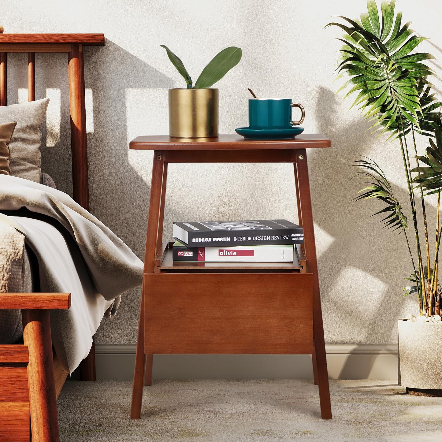 Danrelax Nightstand with Drawer and Storage Shelf, Small Bedside Table for Bedroom, Sturdy & Stylish Brown Bamboo Bed Side Table