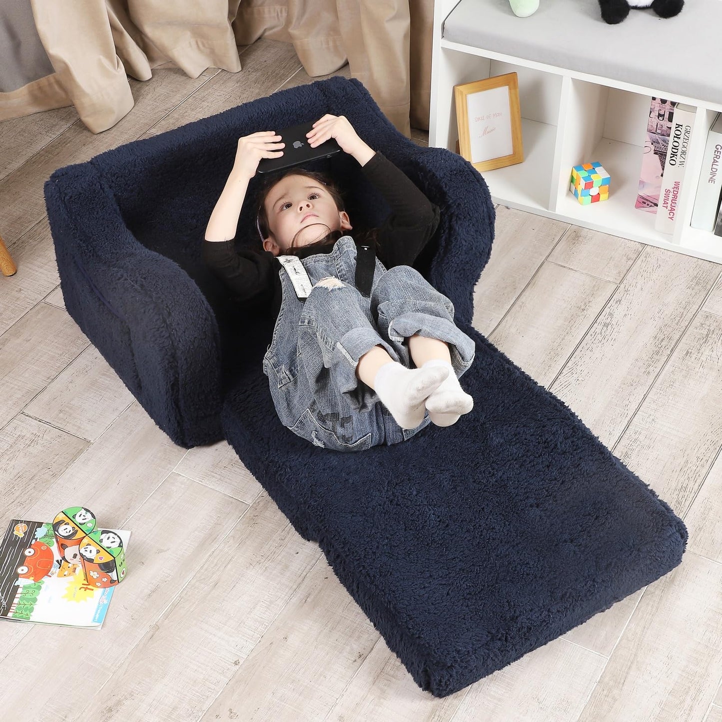 MOMCAYWEX Kids Chairs for Toddler, 2-in-1 Toddler Soft Sherpa Couch Fold Out, Convertible Sofa to Lounger for Girls and Boys, Dark Blue