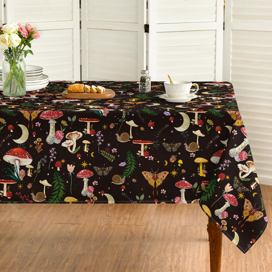 Horaldaily Mushroom Tablecloth 60x104 Inch Rectangular, Seasonal Black Vintage Moths Washable Seasonal Table Cover for Party Picnic Dinner Decor