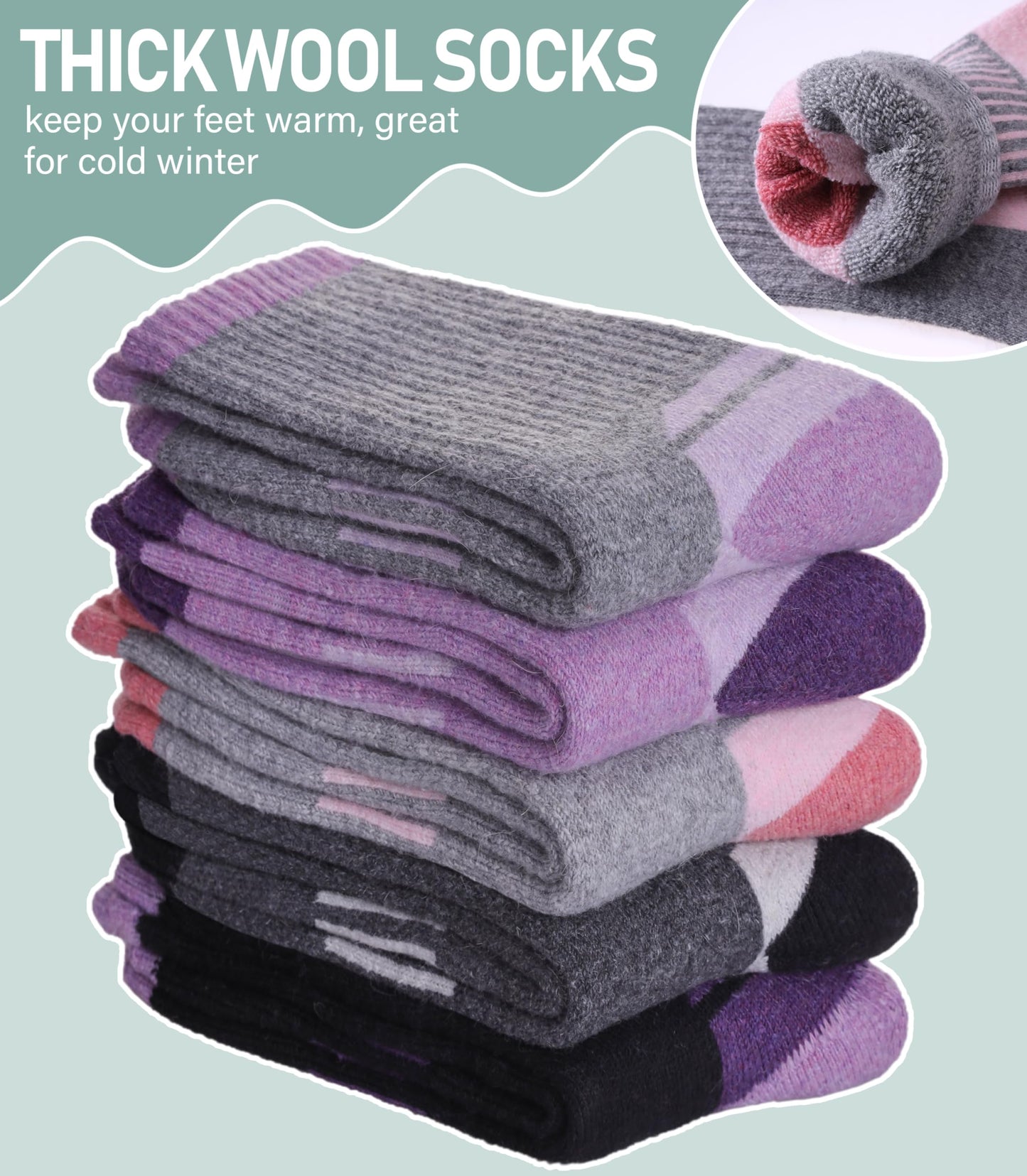 Yebing Merino Wool Hiking Socks for Womens Thermal Warm Winter Boot Crew Cushion Cozy Thick Work Gift Socks 5 Pairs Mixed Color A,Medium