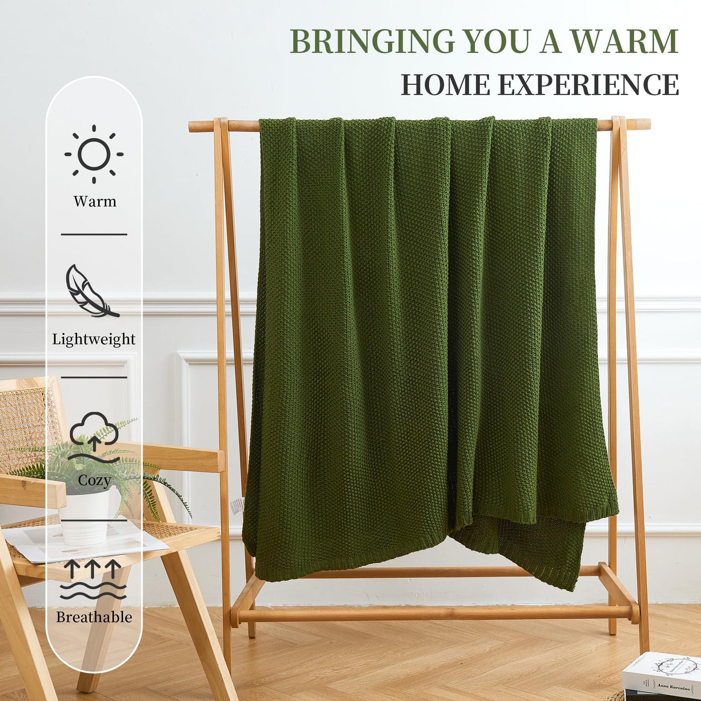 Aganear Knit Throw Blanket for Couch, Cable Knitted Throw Blanket for All Seasons, Soft Cozy Lightweight Knit Blanket for Living Room Bed Office Travel Boho Decor (50"x60", Olive Green)