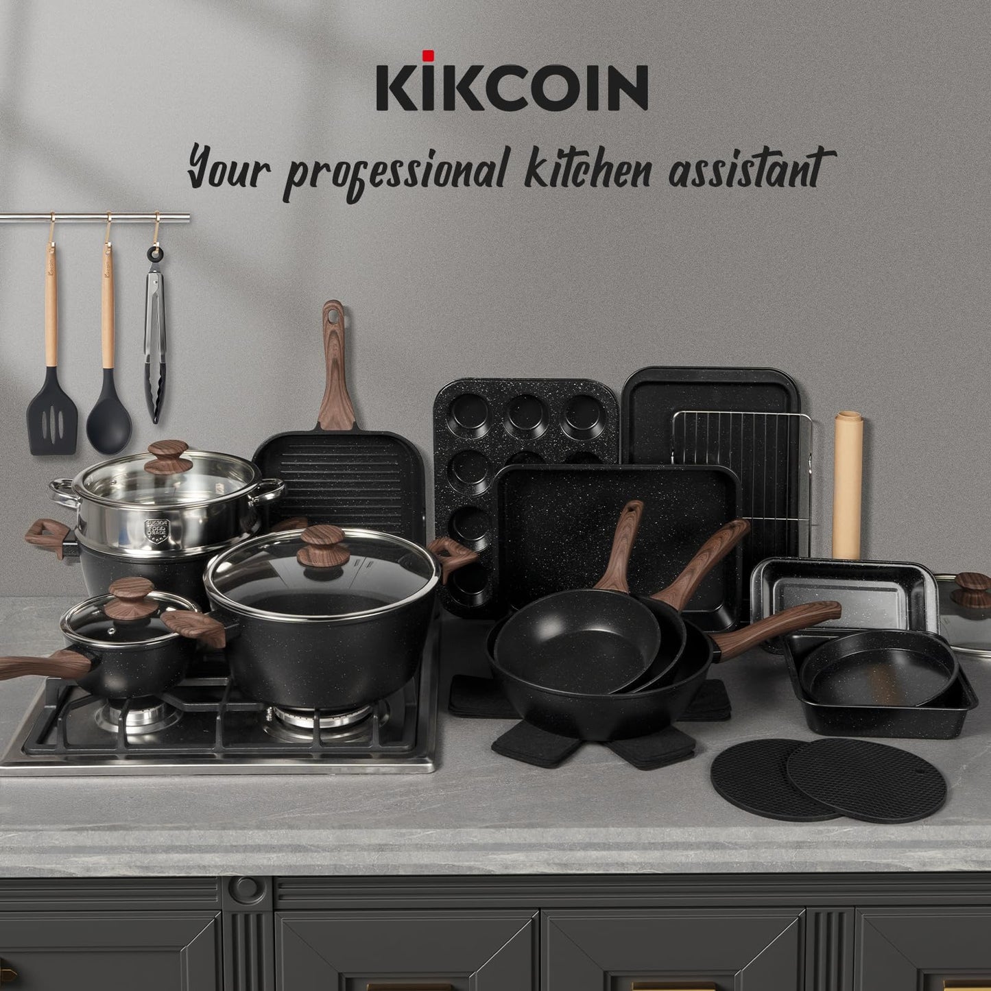 Kikcoin Pots and Pans Set Non Stick 31 Piece Kitchen Nonstick Cooking Cookware Sets with Grill Pan Saucepan Baking Sheet Utensil