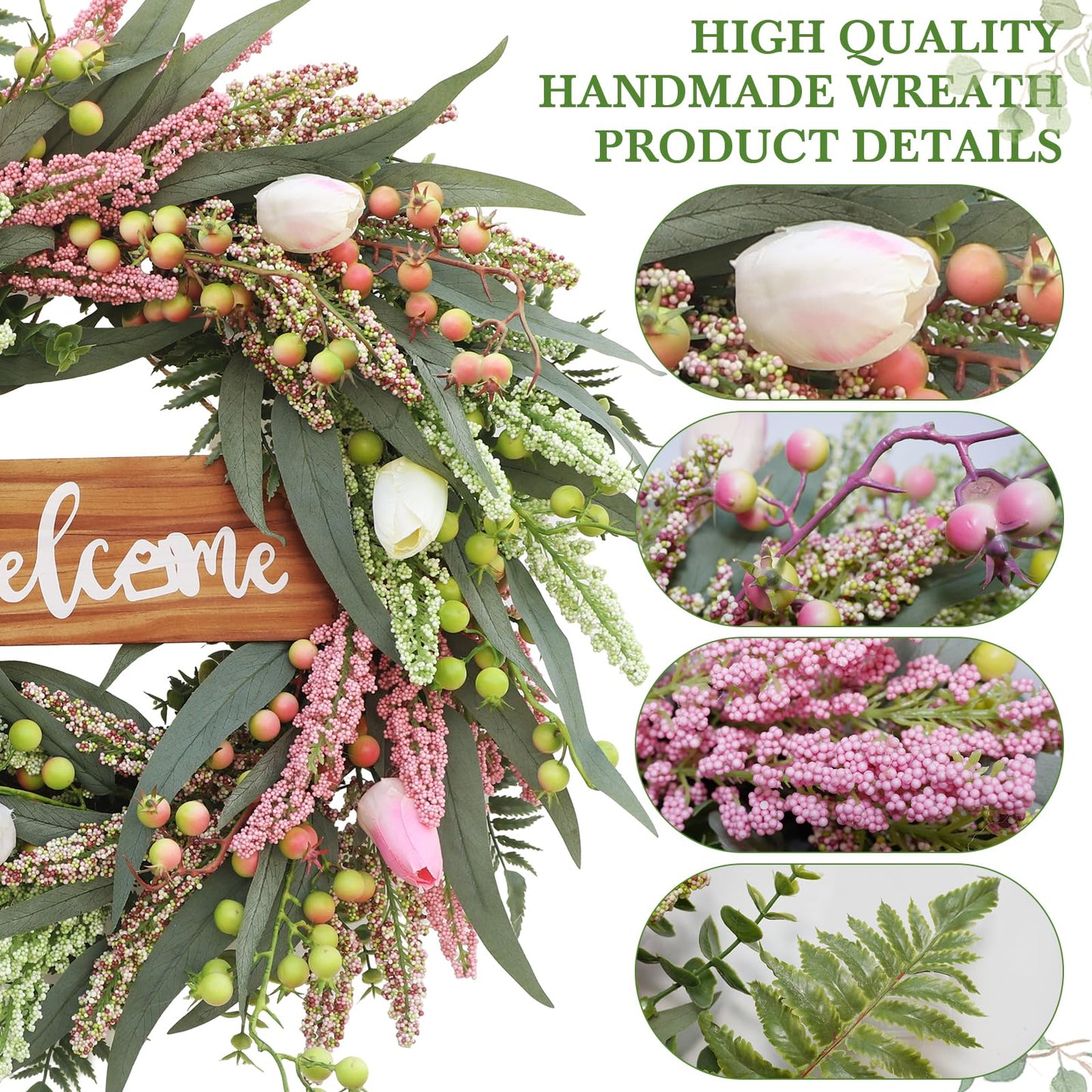 Wreaths for Front Door 24 Inch Spring Summer Tulip Wreath withTulip,Berries,Boxwood and Cattails Welcome Door Wreath, Porch, Window Green Decor for Home, Farmhouse - Spring, Summer, Fall, All Seasons