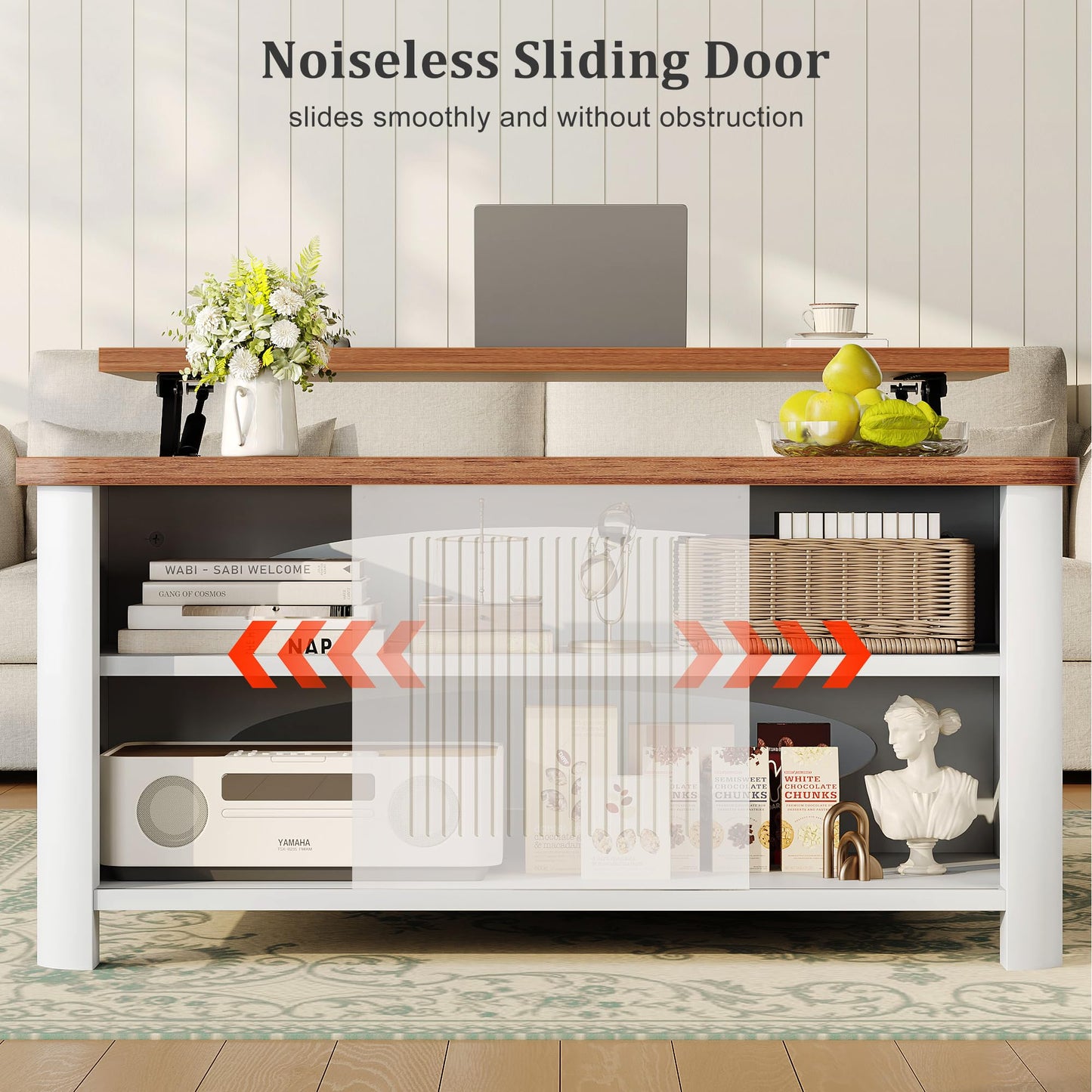 Decofy Lift Top Coffee Table with Storage, 31.5" Mid Century Modern Square Coffee Tables for Living Room, Large Hidden Storage Compartment, Adjustable Shelves & Sliding Door, White