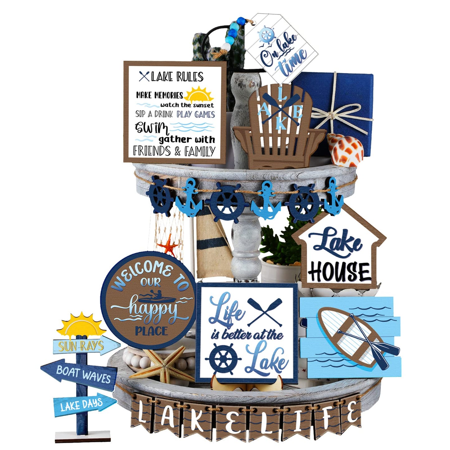 22 Pieces Summer Tiered Tray Decor Sets Farmhouse Hello Summer Wood Sign Rustic Beach Home Decor Summer Table Decorations Small Hawaiian Wooden Plaque for Shelf Kitchen Tabletop (Lake House Style)