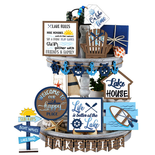 22 Pieces Summer Tiered Tray Decor Sets Farmhouse Hello Summer Wood Sign Rustic Beach Home Decor Summer Table Decorations Small Hawaiian Wooden Plaque for Shelf Kitchen Tabletop (Lake House Style)