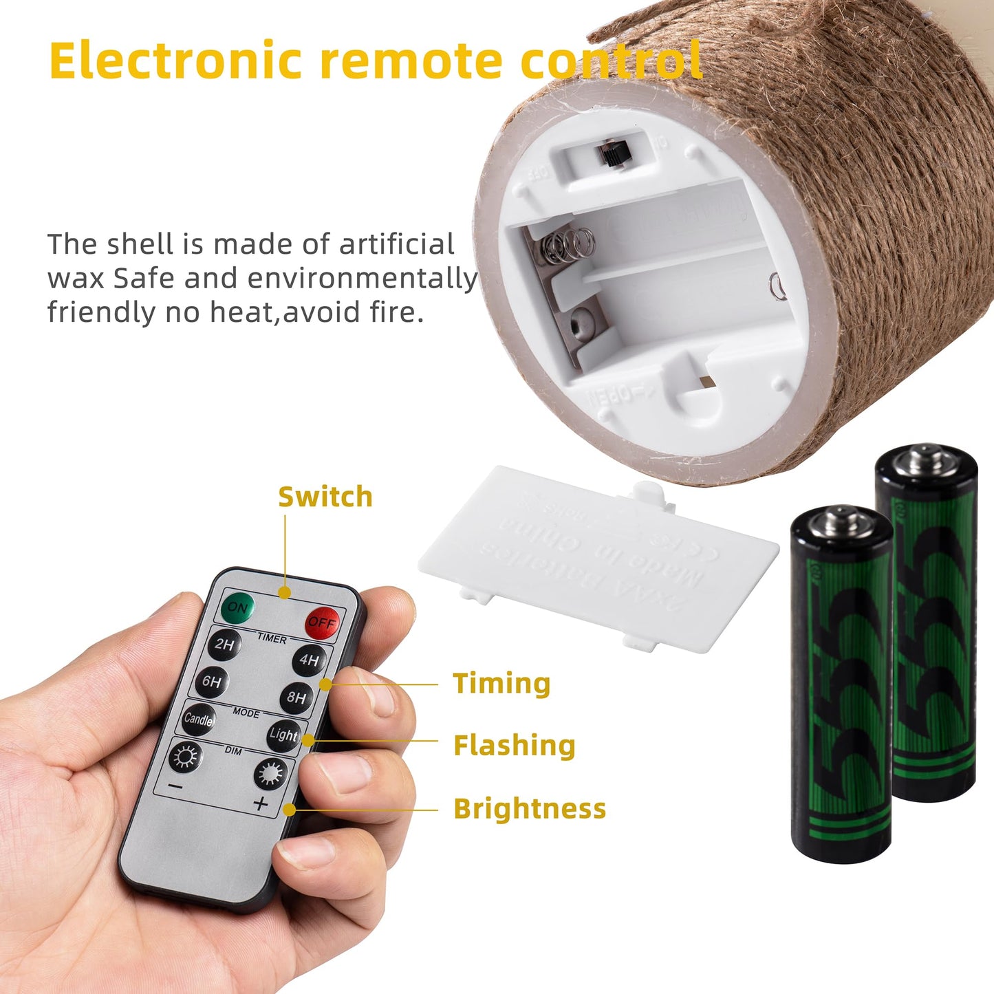 AKU TONPA Flameless Candles Battery Operated Pillar Real Wax Electric LED Candle Gift Set with Remote Control and Timer, 4" 5" 6" Pack of 3 (Ivory Wax with Hemp Rope)