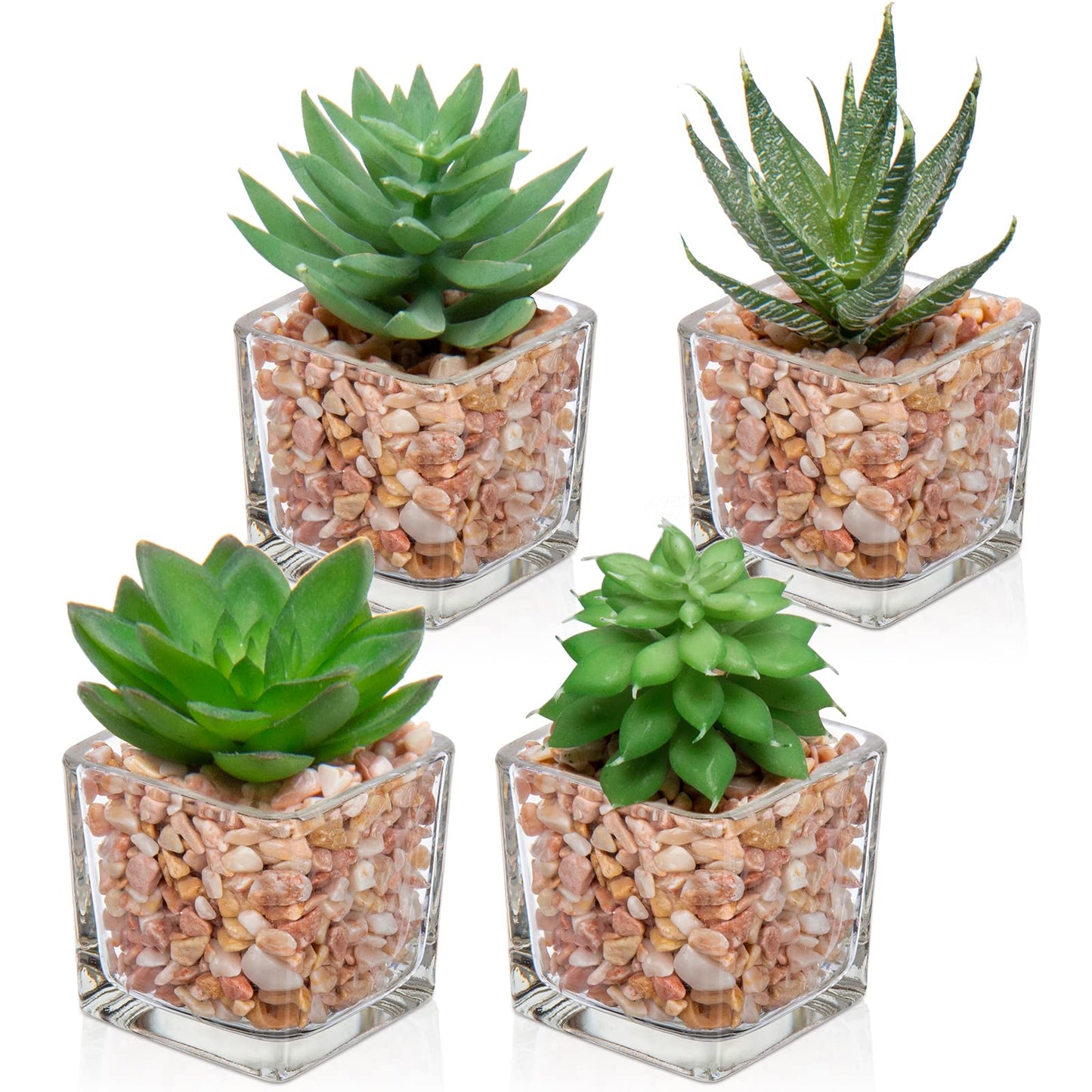 Briful Mini Fake Plants 4 Packs Succuletns Artificial Potted Plants in Cube Glass Vase Faux Succulents for Bathroom Living Room Kitchen Shelf Table Decor