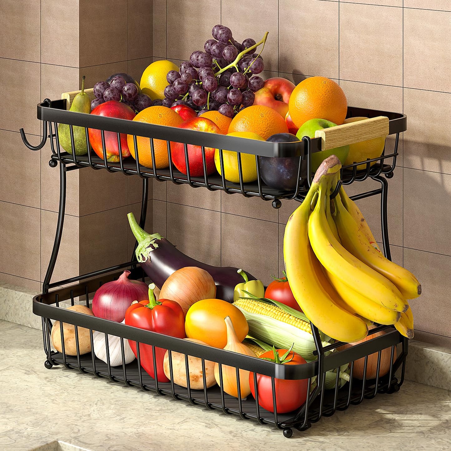 2 Tier Fruit Basket for Kitchen Counter with 2 Mobile Banana Hangers, 2025 Pro Detachable Metal Fruit Bowl with Wooden Handle, Fruit Holder for Bread Snack Veggies with Protective Mats