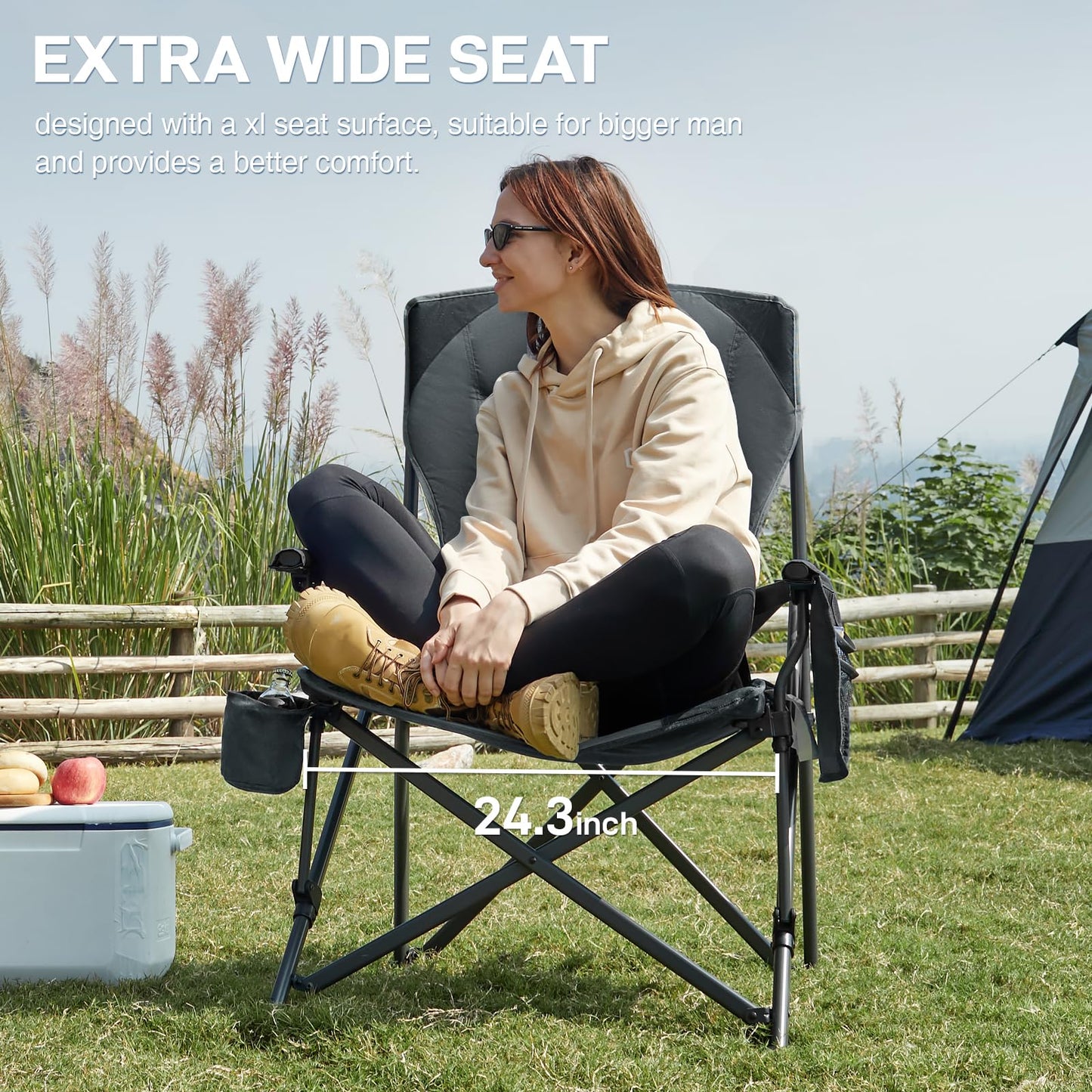 EVER ADVANCED Oversized Folding Camping Chair for Adults with Adjustable Lumbar Support, Heavy Duty Chair with Side Pockets, Portable Collapsible Quad Chair for Outside, Support Up to 500lbs,Grey