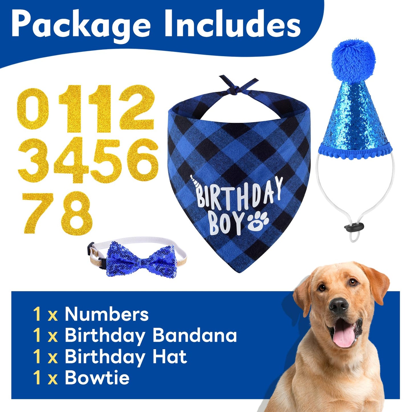 JCSHIMO Dog Birthday Party Supplies, Dog Birthday Bandana Hat Numbers Bow Set for Small, Medium, Large Dogs Pets Party Decorations