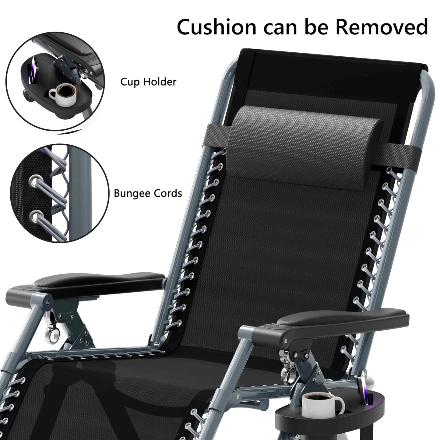 Seeutek Outdoor Zero Gravity Chair - Adjustable Steel Mesh Folding Recliner with Removable Extra Thick Cushion and Upgraded Lock and Cup Holder for Patio, Camping, Indoor, Outdoor - Grey