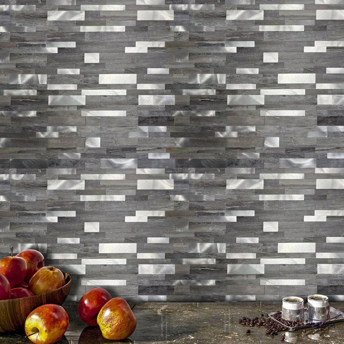 weimeisc 10 Sheets Backsplash Tile for Kitchen Peel and Stick, Self-Adhesive Waterproof, Metal Backsplash Subway Tile, Stick on Tiles Kitchen Bathroom (Light Grey Wood Grain+Frosted Silver)