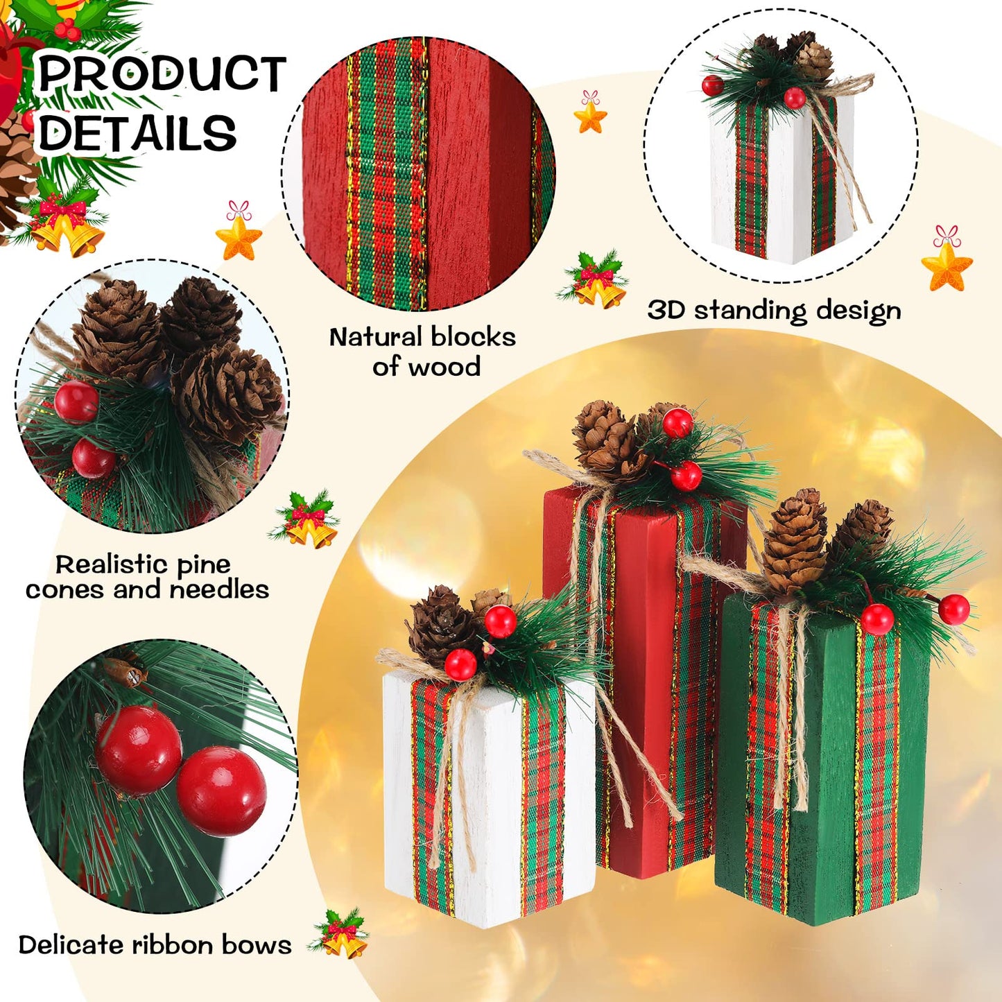 Glenmal 3 Pcs Christmas Table Centerpieces Christmas Table Decor Faux Present Wooden Blocks with Buffalo Plaid Bowknot Rustic Decoration for Holiday Xmas Tree Tiered Tray(White, Green and Red)