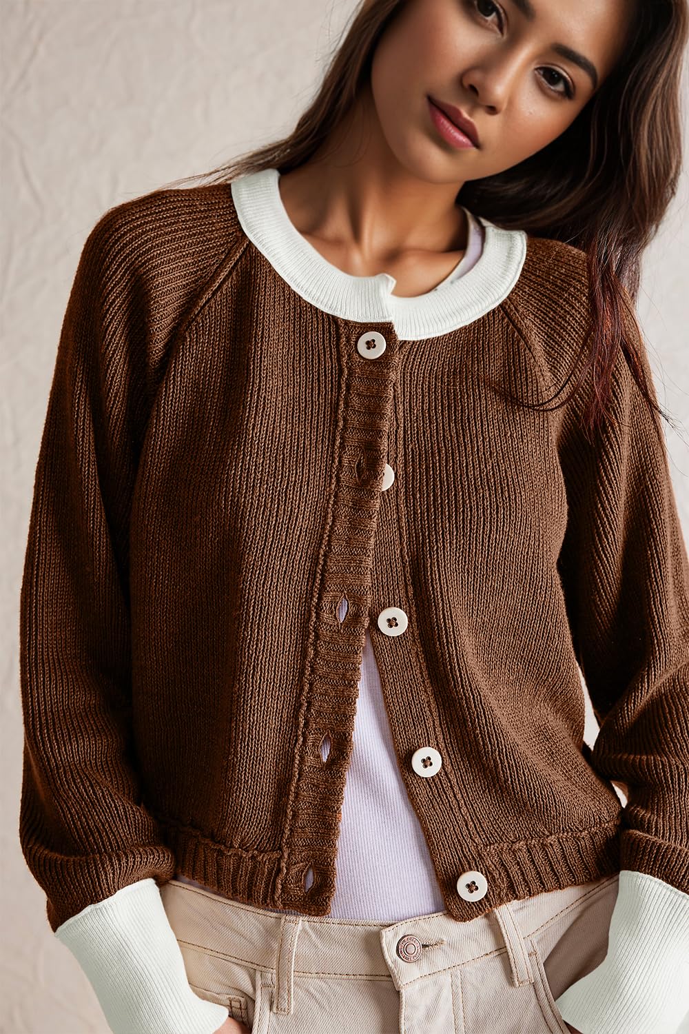Women's Cropped Cardigan Sweaters Fall Long Sleeve Open Front Cardigans Button Down Color Block Crewneck Knit Outwear Coats Brown
