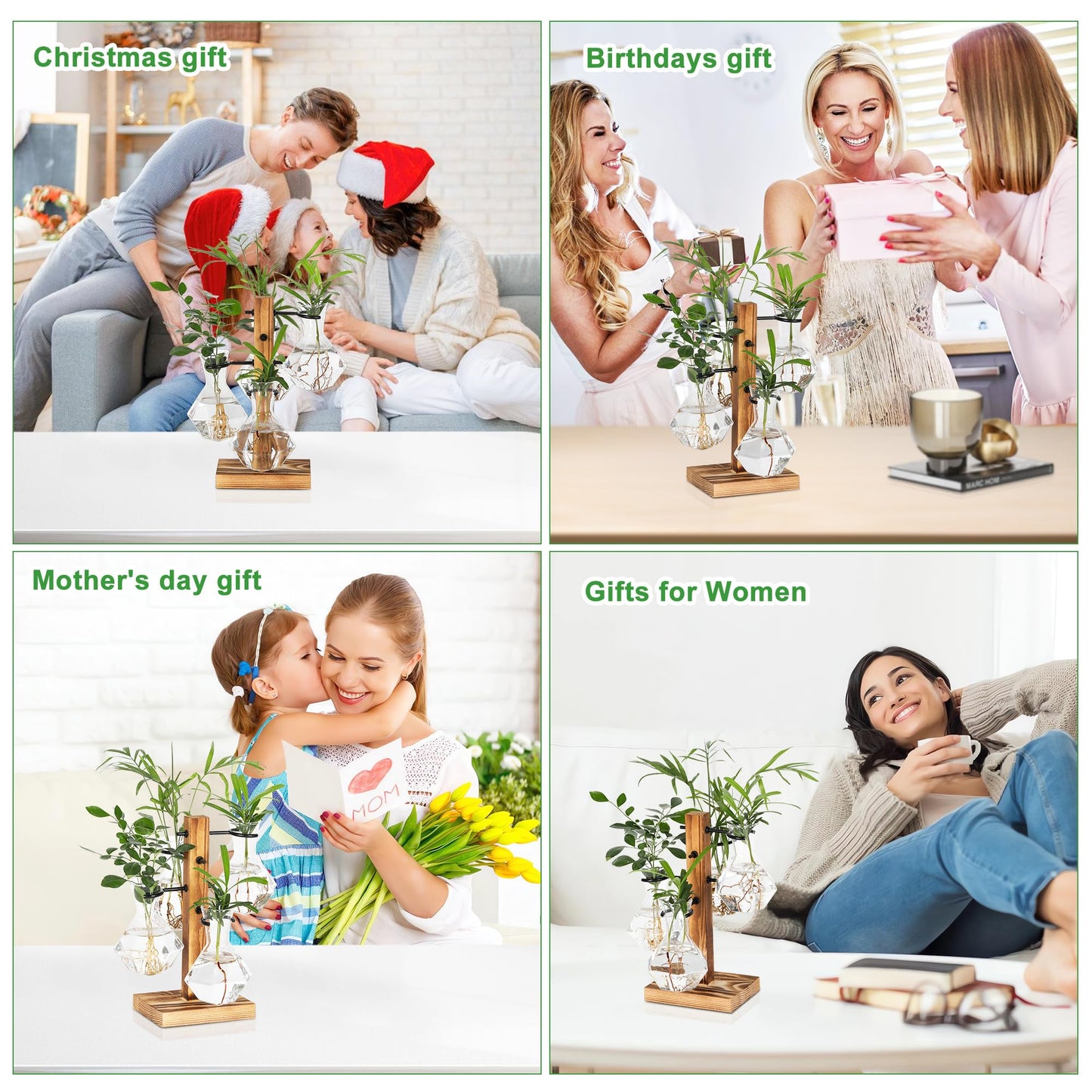 PAG-Mass Planter Terrariums Kit, Desktop Hydroponics Air Planter Holder, Plant Propagation Station with 4 Glass Vase and Solid Wood Stand, Gardening Gift for Women and Plant Lovers