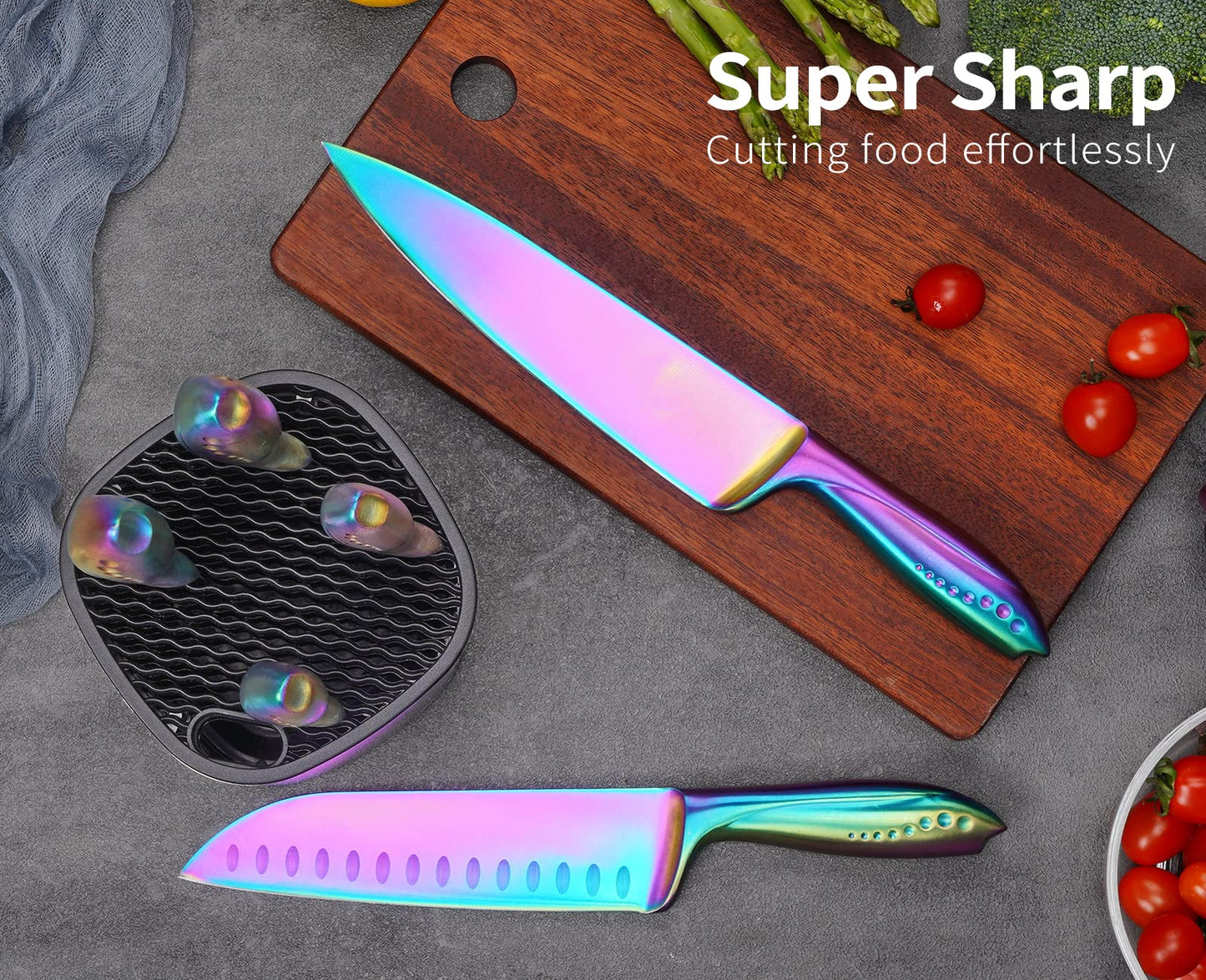 Rainbow Knives Block Set 7 Pieces, Iridescent German High Carbon Stainless Steel Kitchen Knives Pack with Universal Knife Holder