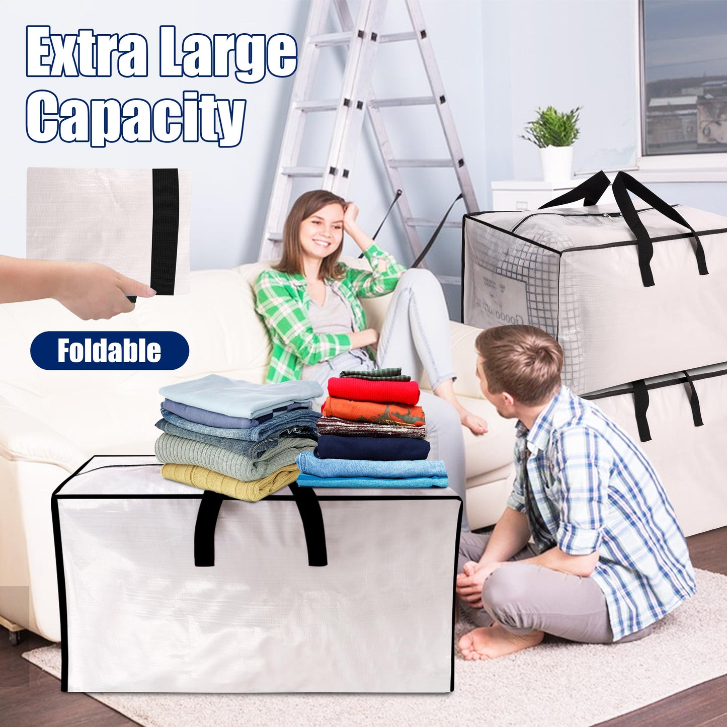 SWEET DOLPHIN 12 Pack Extra Large Moving Bags with Strong Zippers & Carrying Handles, Heavy Duty Storage Tote for Space Saving Moving Storage, Fold Flat, Alternative to Moving Box, Semi-Transparent