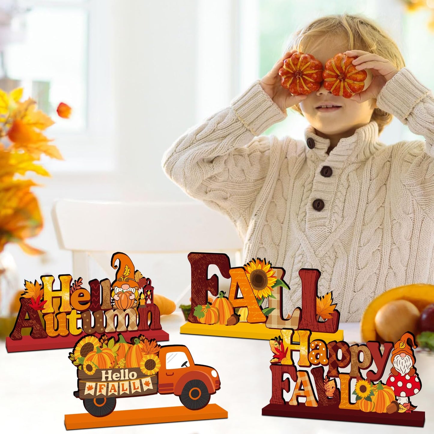 CHYAGCLT 4Pcs Fall Decorations, Autumn Wooden Table Centerpieces Pumpkin Truck Sunflower Maple Gnomes Style Fall Table Decor for Autumn Harvest Thanksgiving Decorations