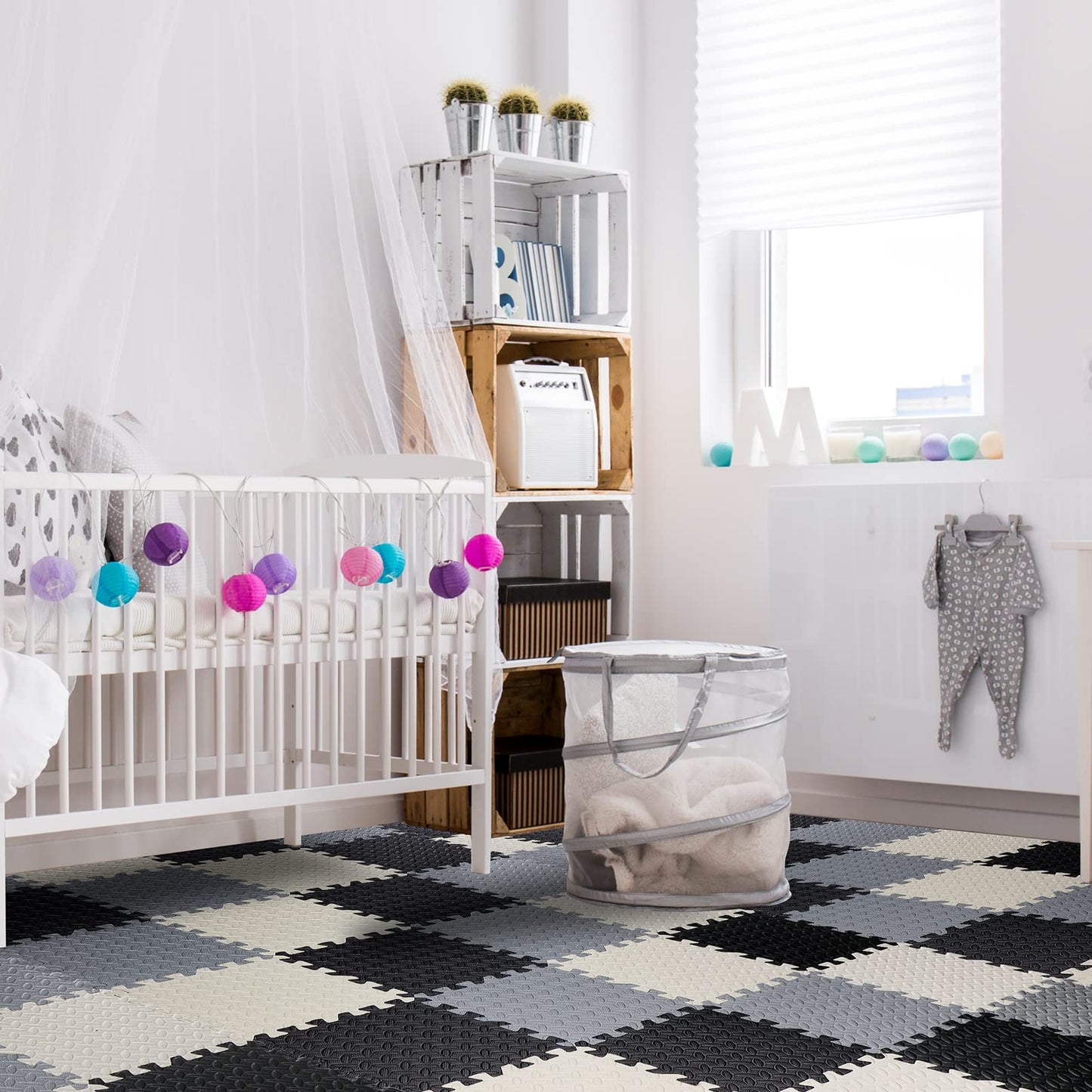 Shihanee Foam Floor Baby Tiles Foam Floor Mats Play Mats Bulk with Borders Interlocking for Kids Baby Playroom Nursery Gym (Black, White and Gray,64ft)