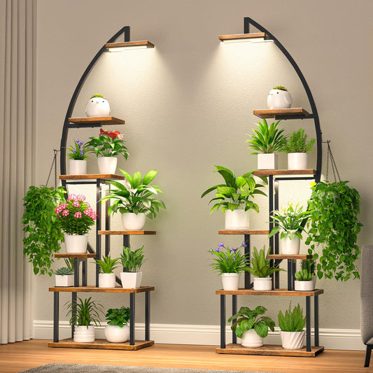 Plant Stand Indoor with Grow Lights: Large Plant Shelf for Multiple Plants, 2 Pack Plant Shelves 7 Tiered, Lighted Corner Flower Stands Half Moon, Black Plant Holders Indoor Tall for Living Room Patio