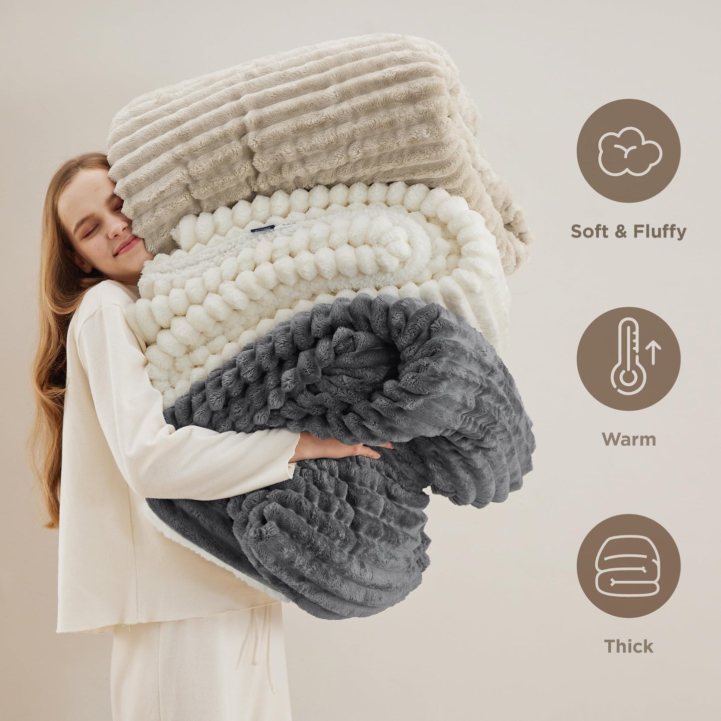 Bedsure Sherpa Blanket Queen Size for Bed - Super Soft Cozy Plush Fleece Thick Warm Blanket for Winter, Beige, 90x90 Inches