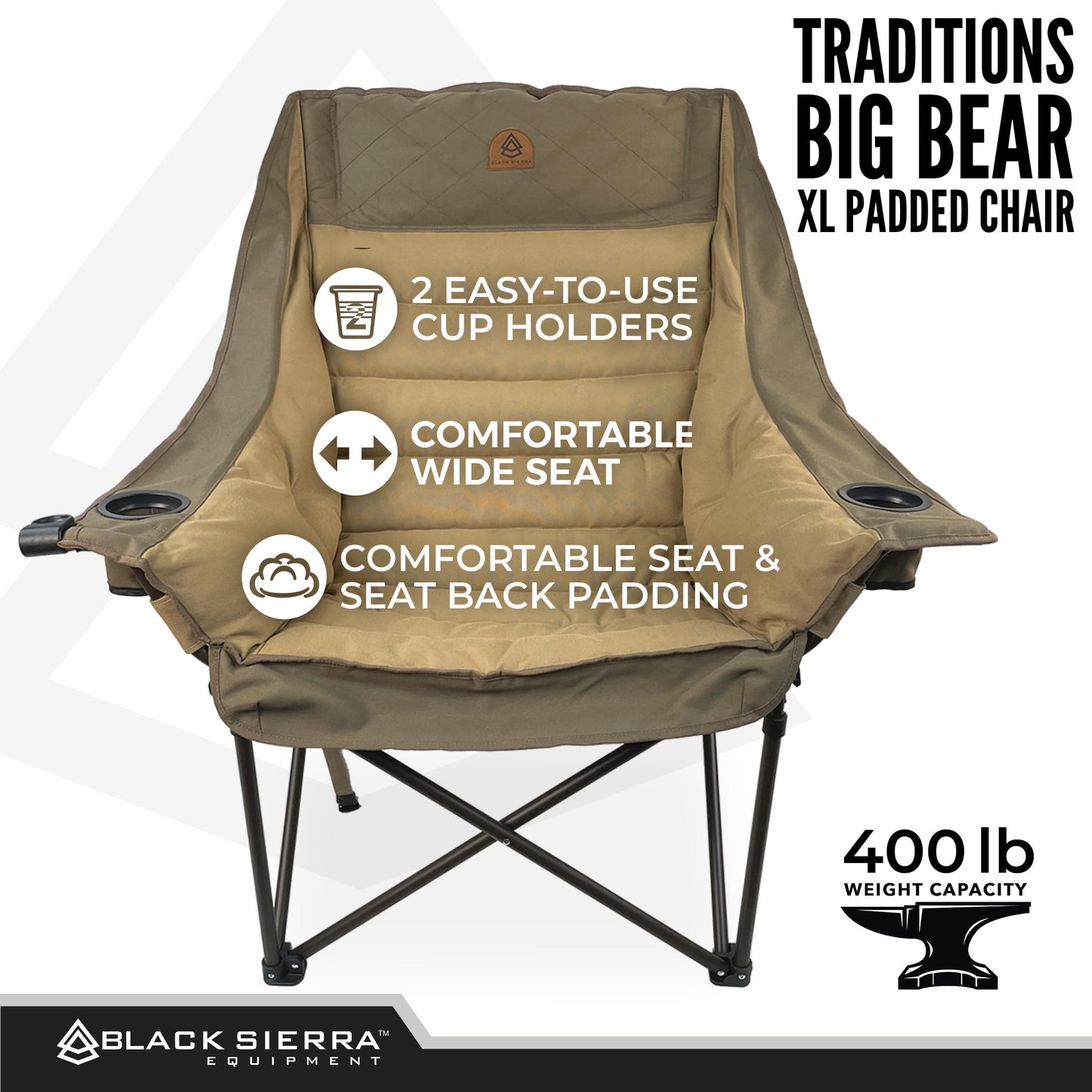 Black Sierra Deluxe Padded Camping Chair for Sports & Outdoors, Oversize XL Outdoor Folding Chair Supports 400 lbs, Heavy Duty Seat w/Dual Cup Holders/Carry Bag Perfect for RV, Tailgating, Glamping