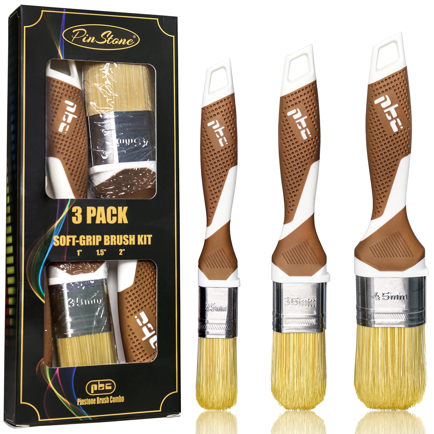PinStone 3 Pack Professional Paint Brushes Set, 1", 1.5", 2" Synthetic Bristles, Easy-Grip Rubber Handle, Cabinet Paint Brush, Chalk Paint Brush, Paint Brushes for Walls, Smooth Finish