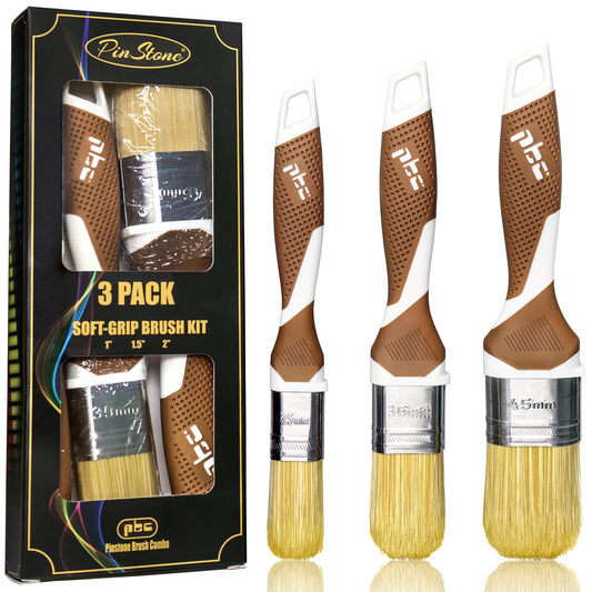 PinStone 3 Pack Professional Paint Brushes Set, 1", 1.5", 2" Synthetic Bristles, Easy-Grip Rubber Handle, Cabinet Paint Brush, Chalk Paint Brush, Paint Brushes for Walls, Smooth Finish