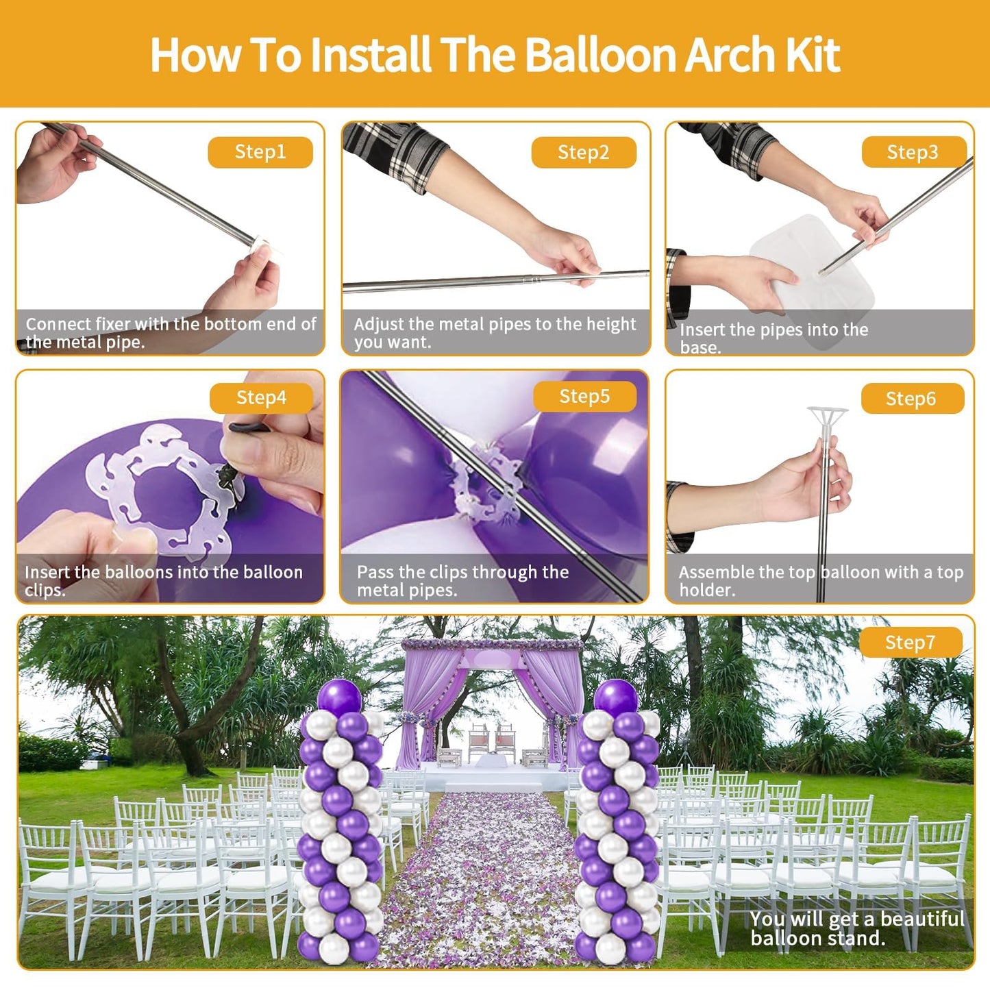 RUBFAC Balloon Column Stand Kit, Set of 2, 6.6ft Height Adjustable Column Kit, Metal Telescopic Pillar Balloon Stand, Birthday Party, Graduation, Wedding Christmas Decorations, White and Silver