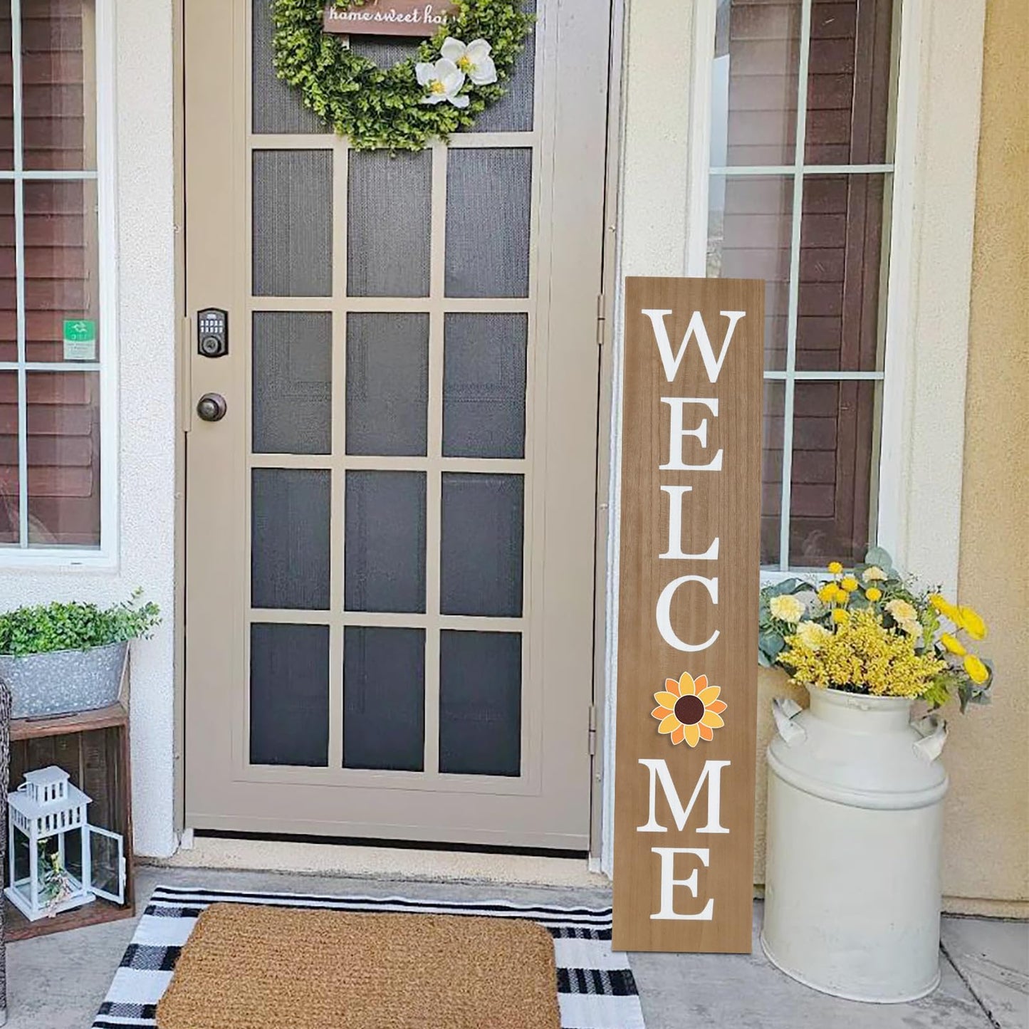 Interchangeable Welcome Sign for Front Porch- 45"X9" Large Standing/Hanging Wooden Sign with 12 PCS Replaceable Icons for 4th of July Fall Halloween Porch Wall Yard Decorations