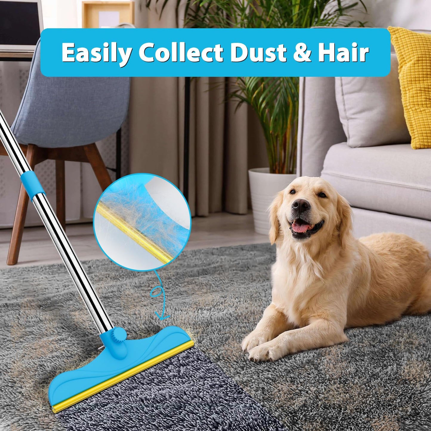 Eaersan 3 in 1 Carpet Rake Kit for Pet Hair Removal Tool - 45” Adjustable Long Handle Pet Hair Remover, Reusable Carpet Scraper Dog Cat Deep Hair Cleaner Remover Tool for Rugs, Mats, Couch, Furniture