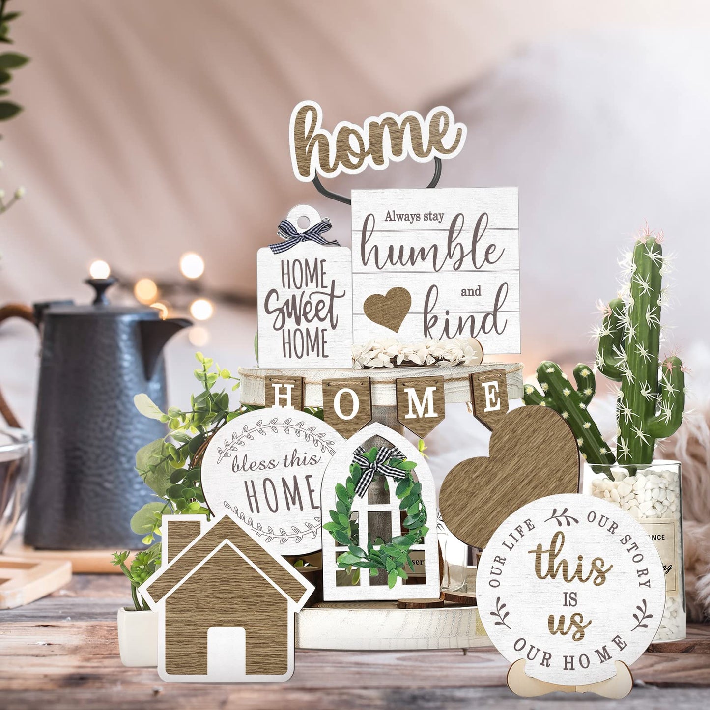 Maitys 10 Pcs Summer Beach Tiered Tray Decoration Set Farmhouse Rustic Decor Wood Sign Rustic Table Ornaments for Kitchen Table Housewarming Gift (Home Style)