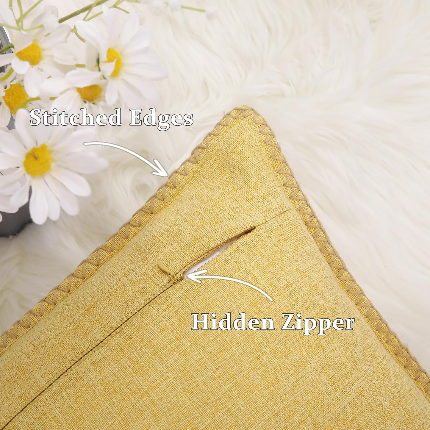 decorUhome Decorative Outdoor Throw Pillow Covers 12x20 Set of 2, Lumbar Linen Rustic Neutral Farmhouse Pillow Covers with Stitched Edge for Couch, Sofa, Living Room, Mustard Yellow