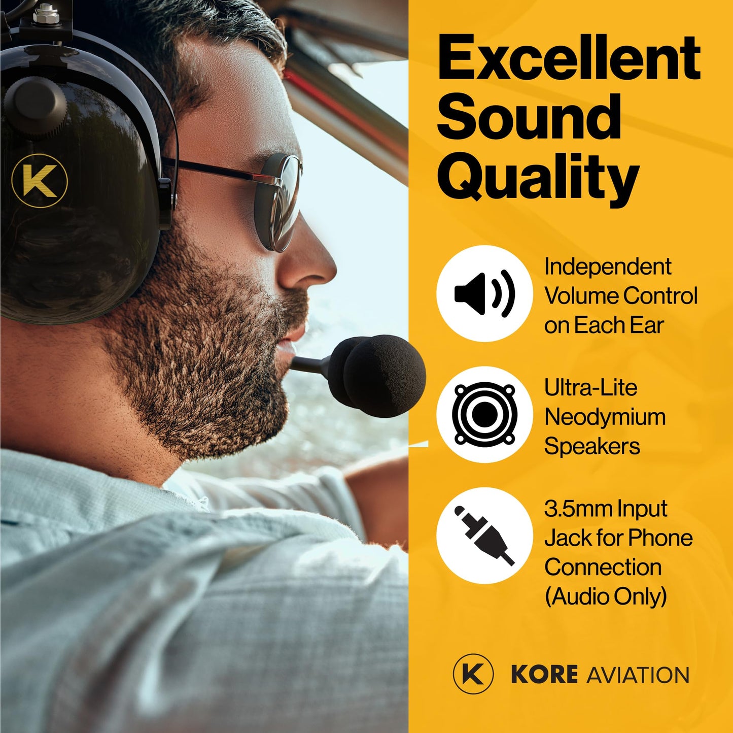 KA-1 General Aviation Headset for Pilots - Mono and Stereo Compatibility, Passive Noise Reduction, Noise Canceling Microphone, Gel Ear Seals, Adjustable Headband & Headset Bag