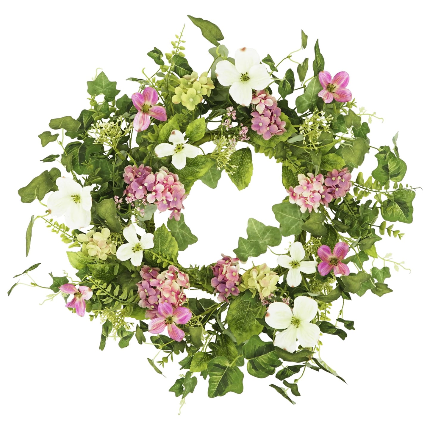 YNYLCHMX 18" Spring Summer Wreaths for Front Door, Artificial Floral Wreath with White Berries and Eucalyptus Leaves, Green Foliage Wreath for Wall Window Farmhouse Party Holiday Home Decor