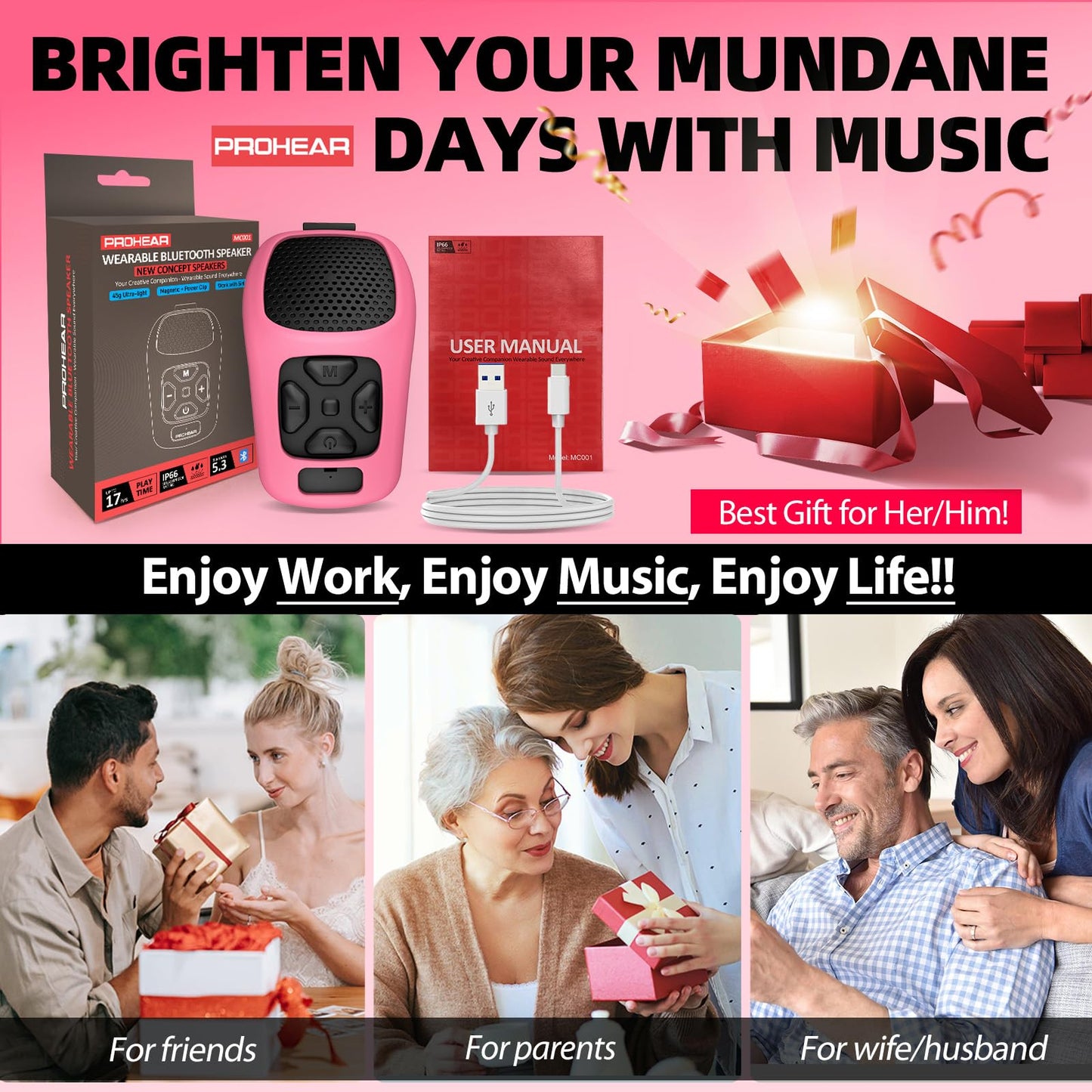 PROHEAR MC001 Wearable Bluetooth Speaker - 45g Portable Small Speaker with Magnetic Clip-On, IP66 Waterproof Certified, Built-in Mic, Voice Assistant for Hands Free Calls, Gifts for Women(Warm Pink)