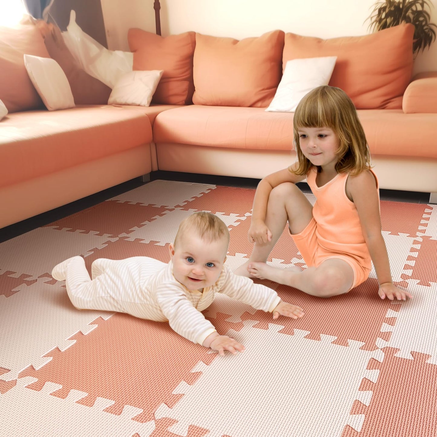 TCBunny Kids Soft EVA Foam Jigsaw Puzzle Play Mat, 18 Interlocking Tiles and Edges Baby Play Mat, for Kids Gym, Nursery, Playroom, Pet Mat, Total Floor Coverage 16 Sq Ft, Pink/Peach