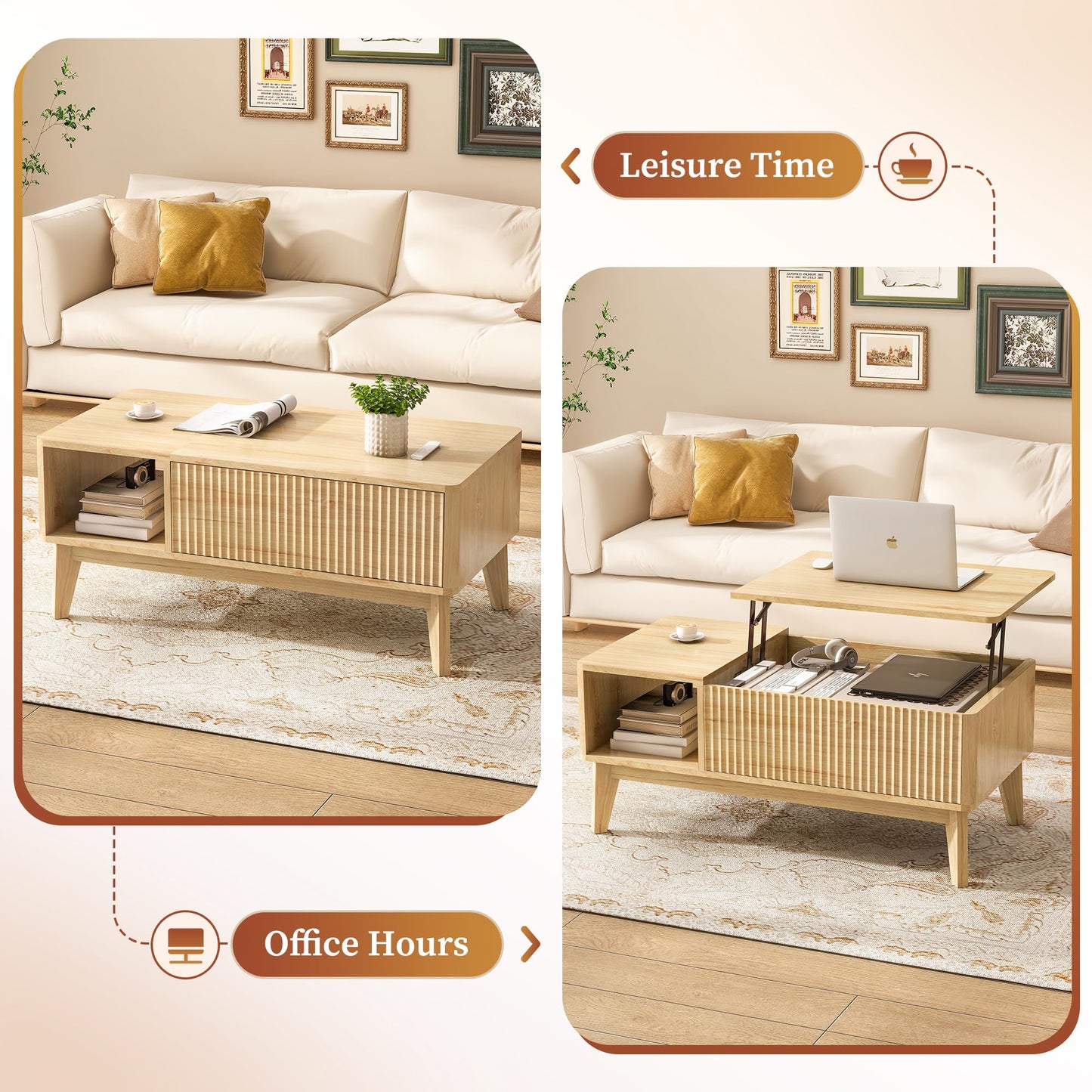 LYNCOHOME Fluted Lift Top Coffee Table with Hidden Compartment, Modern Center Table for Living Room, Home Office, Natural