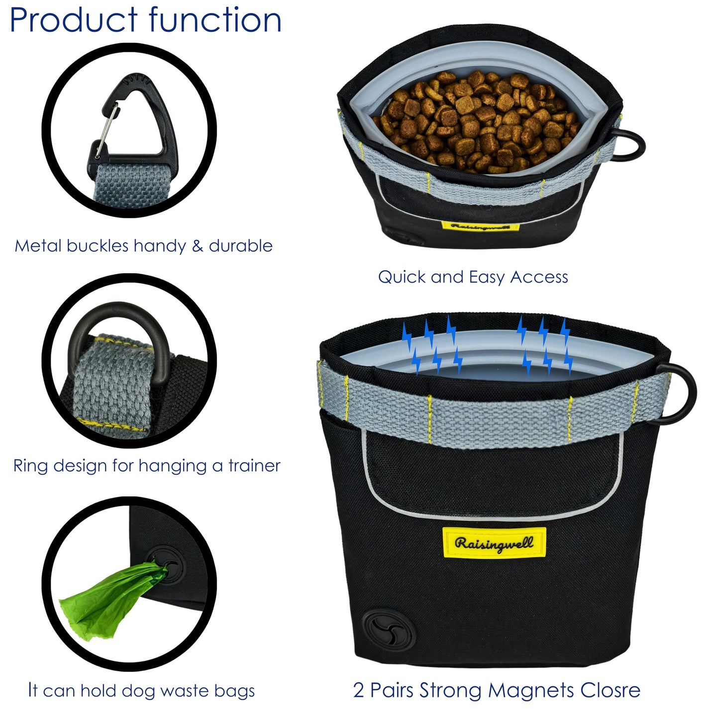 Raisingwell Dog Treat Pouch for Pet Walking and Training with Clicker 2 Cup Silicone Bag Small Fanny Pack Holder for Puppy Snack Dispenser Kit for Leash and Outdoor Use (Black)