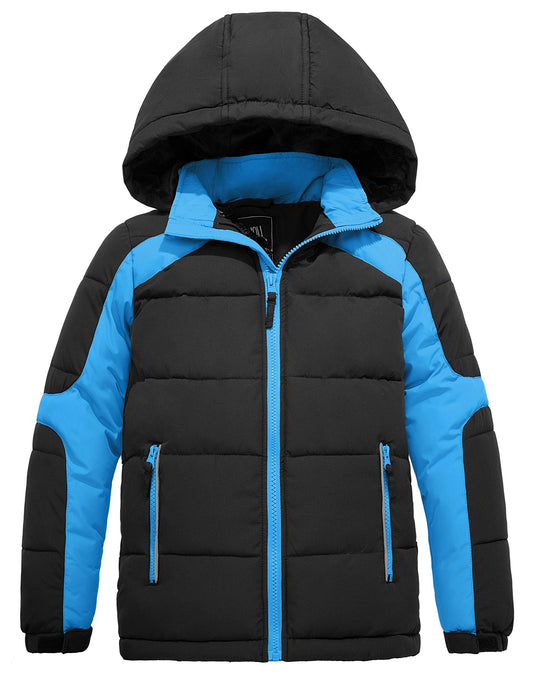 ZSHOW Boys' Puffer Jacket Warm Down Alternative Coat Hooded Outerwear Jacket(Black & Blue,14-16)