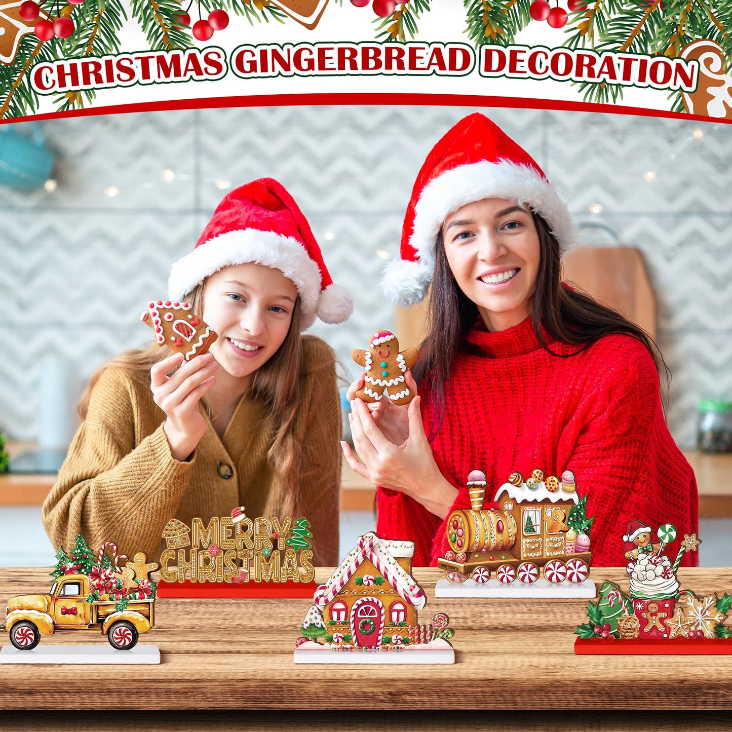 Wonderjune 6 Pcs Christmas Gingerbread Man Table Decoration Signs Wooden Christmas Tabletop Centerpieces Tiered Tray Decor Gingerbread House Truck Train Xmas Decorations for Holiday Party Supplies