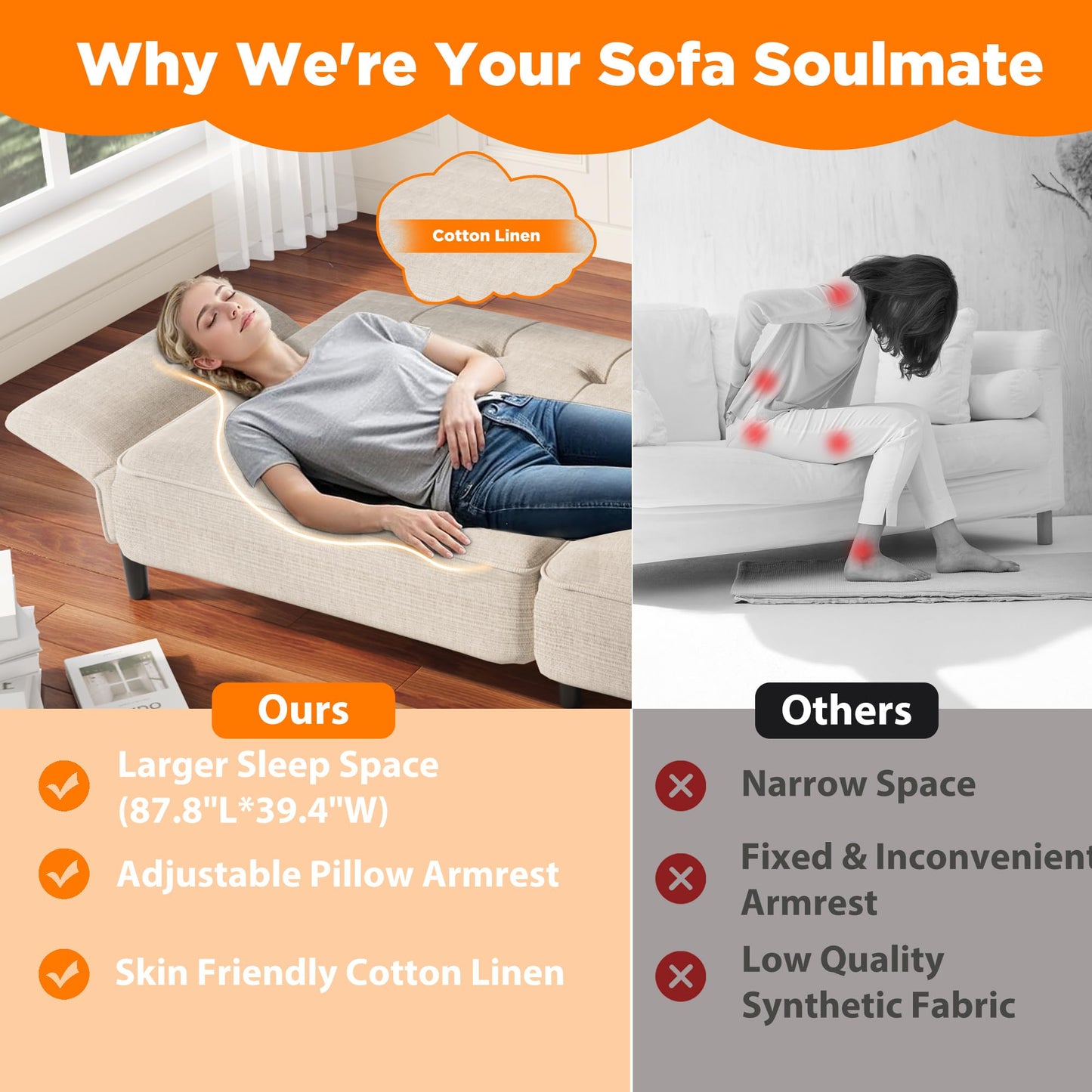 EROMMY 87.8" Futon Sofa Bed, Convertible Futon Couch with Adjustable Backrest & Armrest, Couch Bed with Solid Wood Frame for Small Spaces, Sofa Bed for Small Living Room