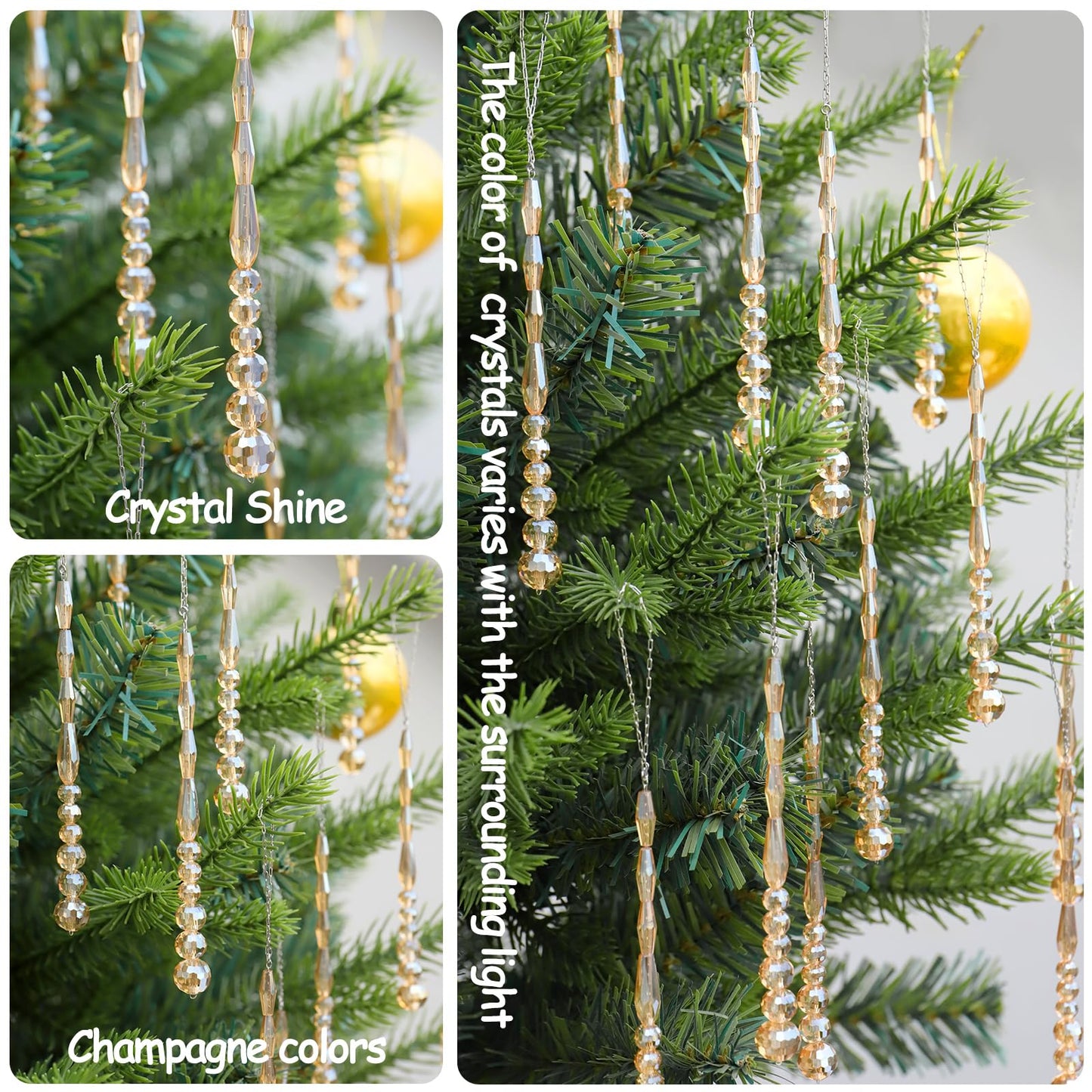 LUMITI 12pcs Crystal Icicle Christmas Tree Ornaments, Glass Beads Hanging Chandelier Pendants for Christmas Party Wedding Winter Decorations (Gold)