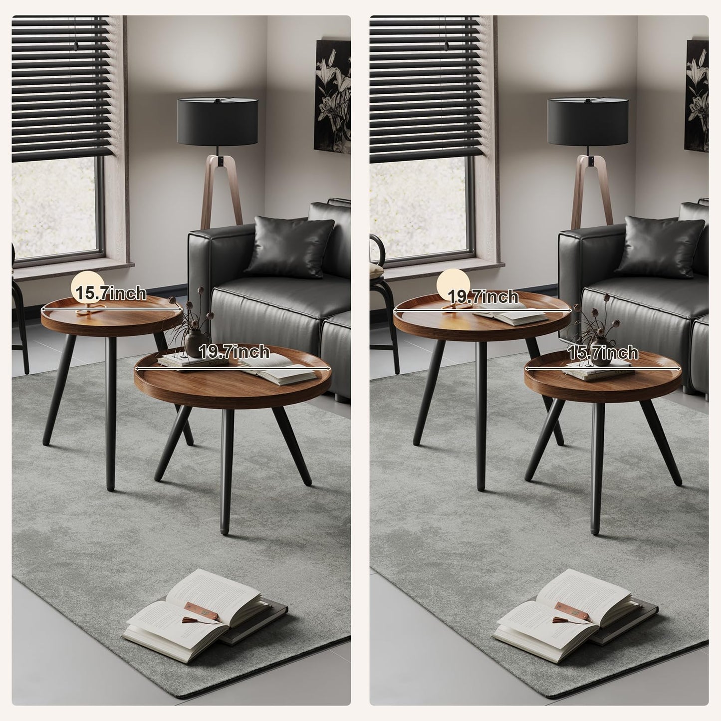 2 PCS Small Round Coffee Table, Walnut Nesting Tables for Small Spaces, Mid Century Modern Centre Table, Easy Assembly Circle Coffee Tables for Living Room, Minimalist Nesting Coffee Table Set of 2